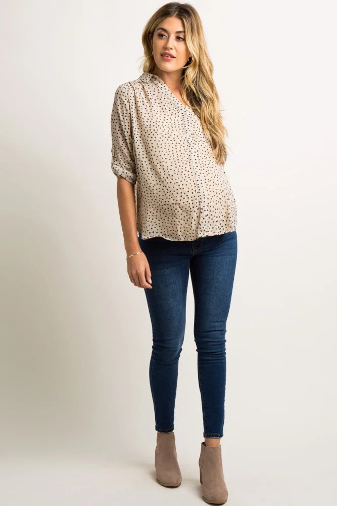 Beige Polka Dot Chiffon Maternity Blouse - Image 4