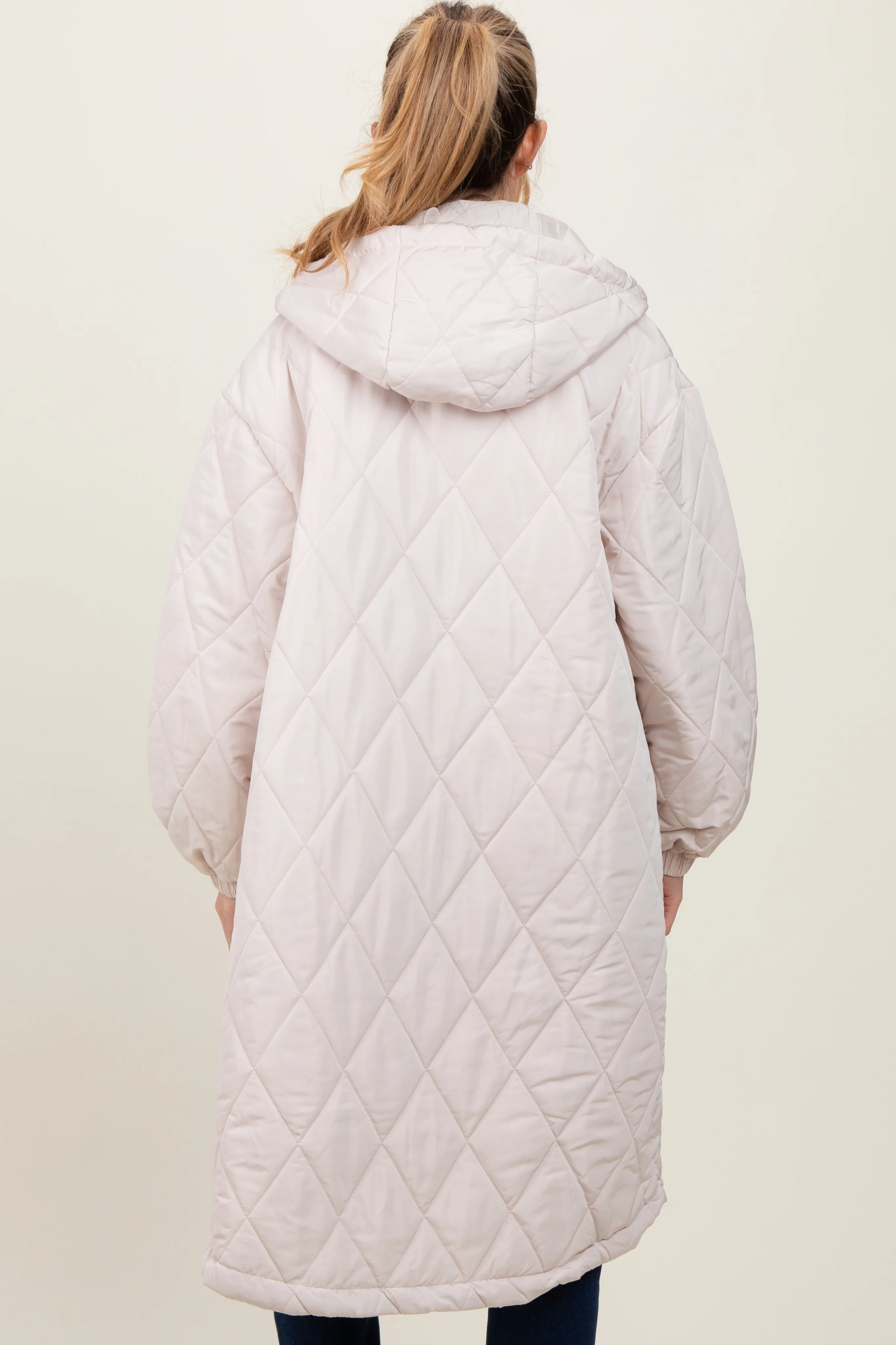 Beige Quilted Long Maternity Puffer Jacket - Image 3