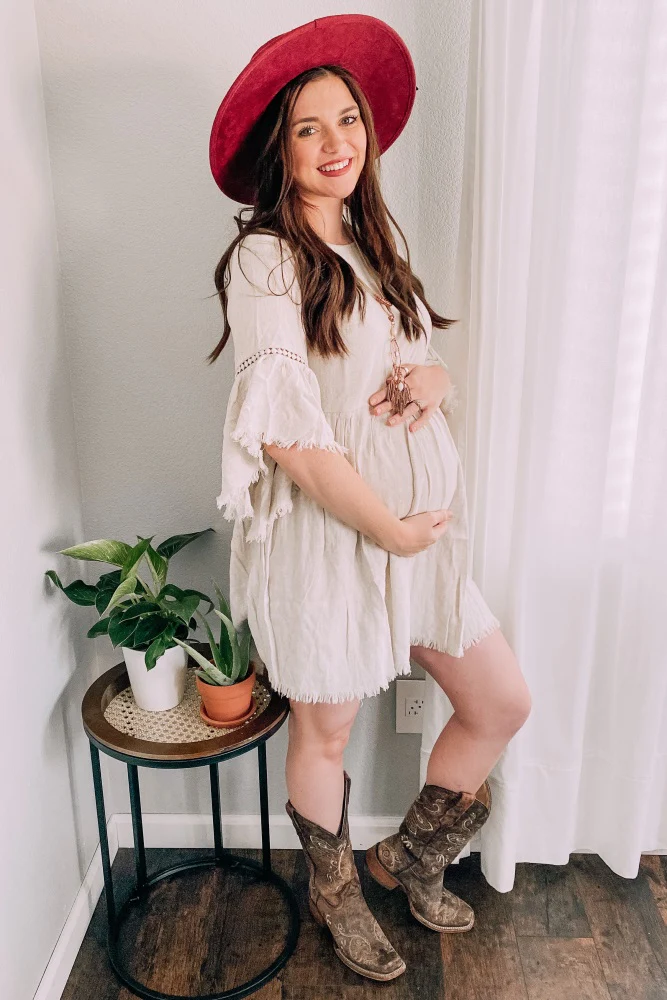Beige Raw Edge Bell Sleeve Babydoll Maternity Dress - Image 20