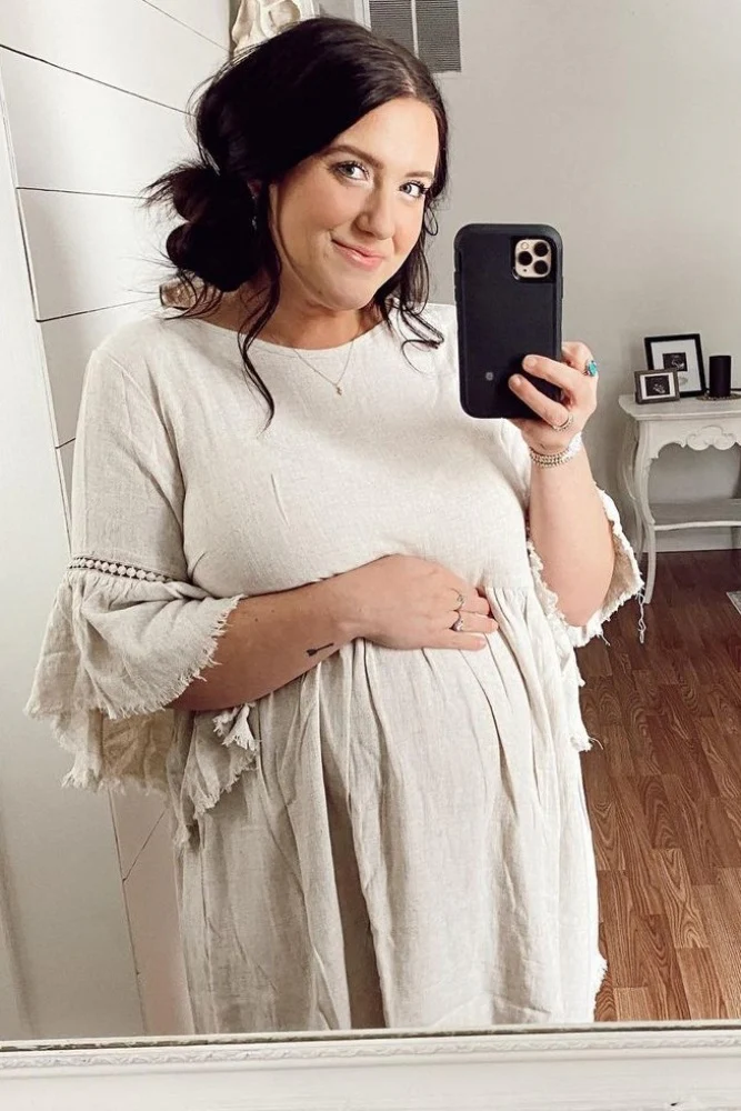 Beige Raw Edge Bell Sleeve Babydoll Maternity Dress - Image 27