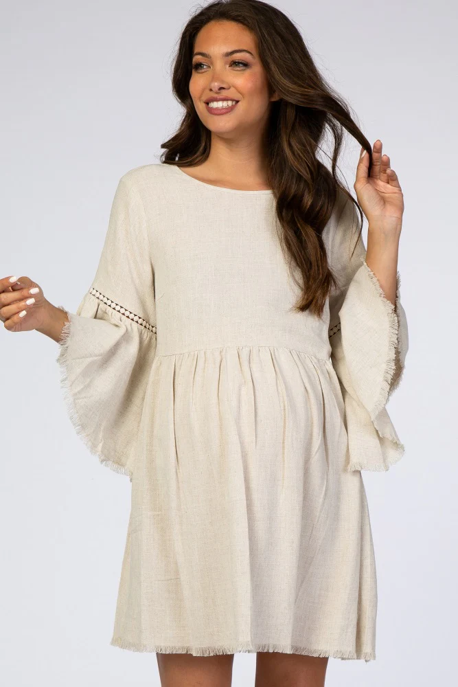 Beige Raw Edge Bell Sleeve Babydoll Maternity Dress - Image 3