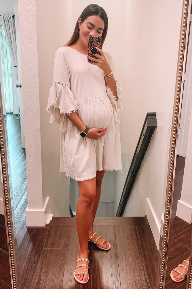 Beige Raw Edge Bell Sleeve Babydoll Maternity Dress - Image 40