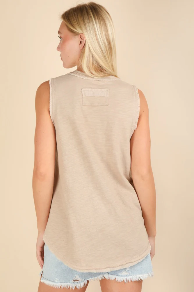 Beige Raw Hem Button Detail Sleeveless Top - Image 3