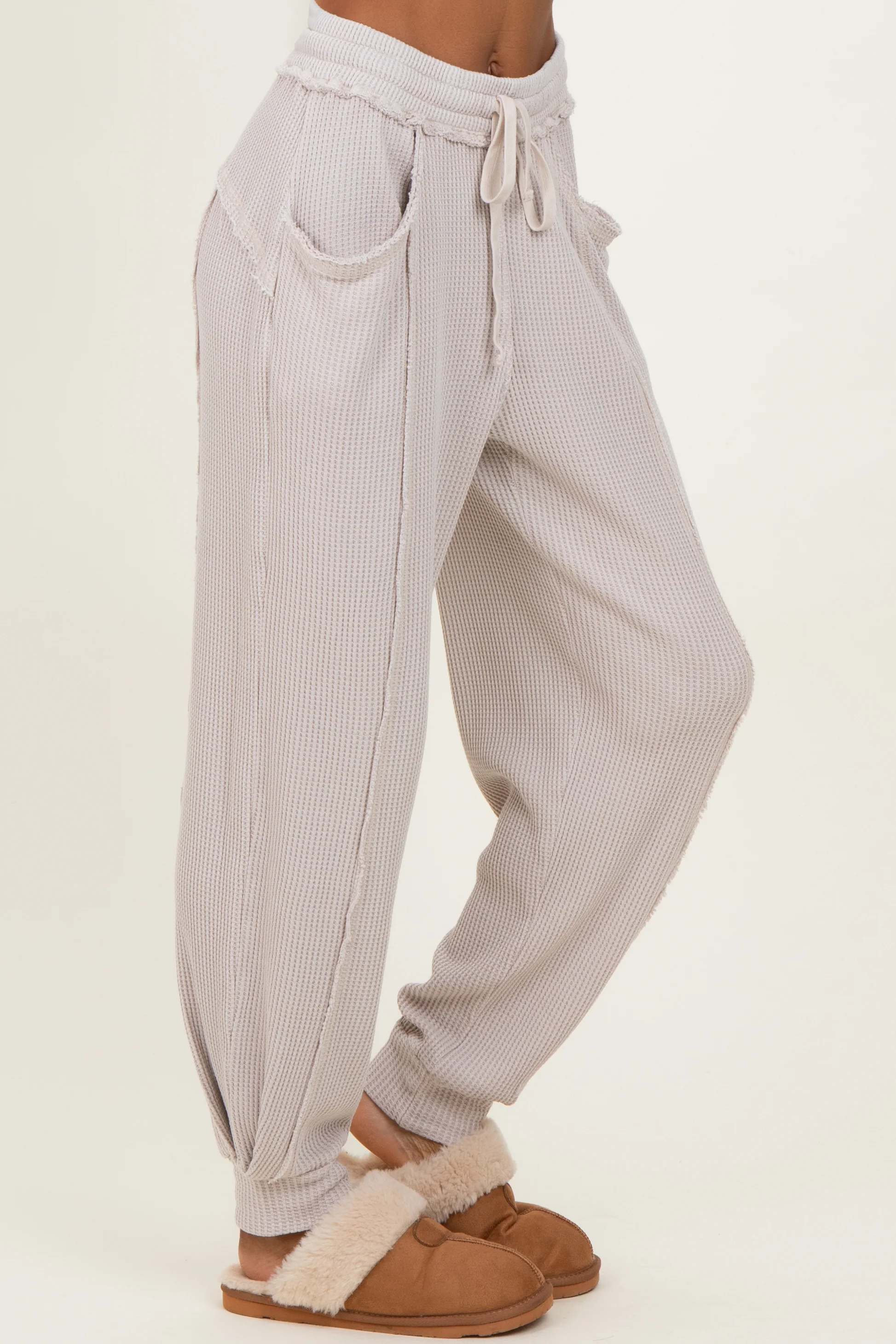 Beige Raw Seam Waffle Knit Joggers - Image 3