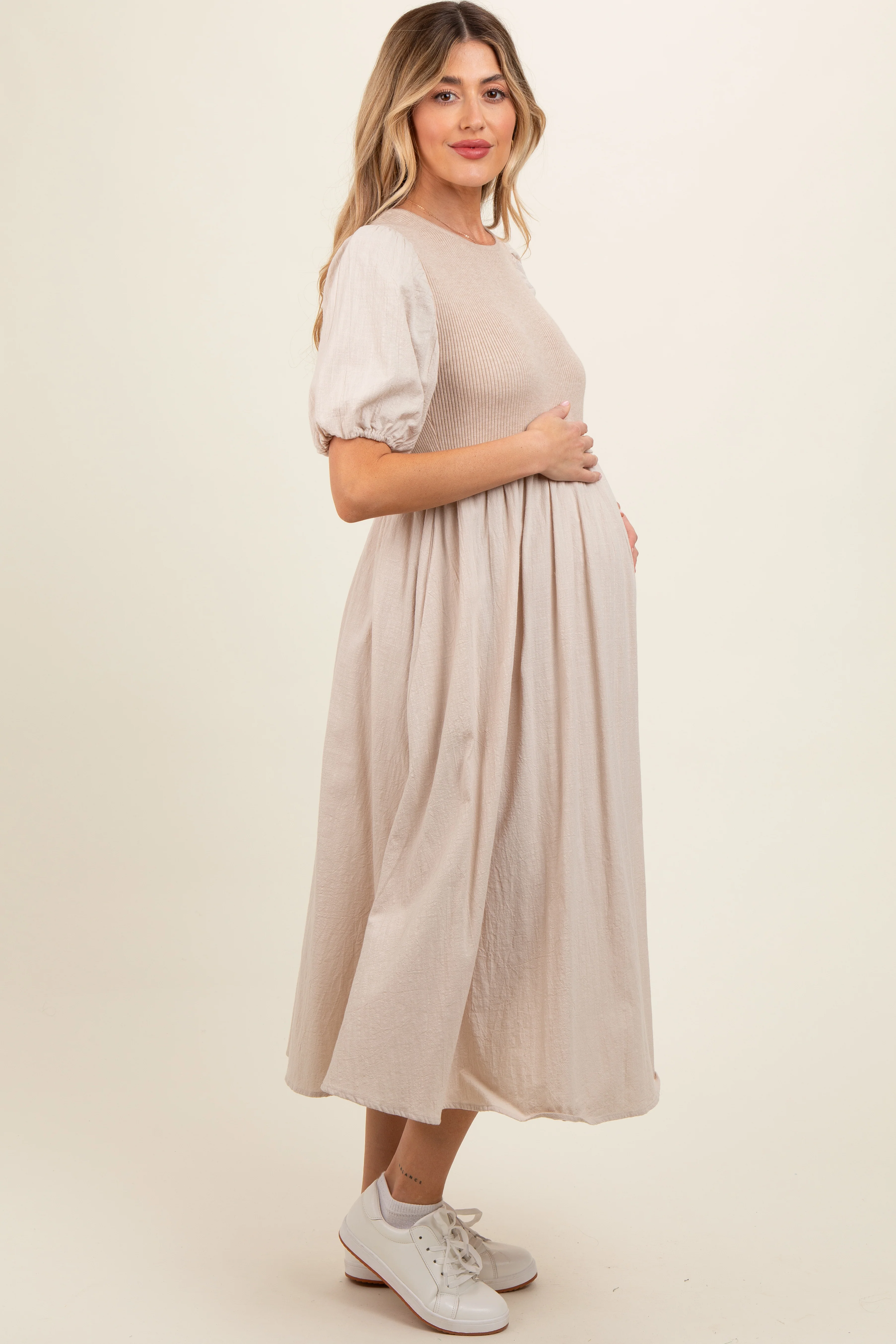 Beige Ribbed Bodice Puff Sleeve Maternity Midi Dress - Image 3
