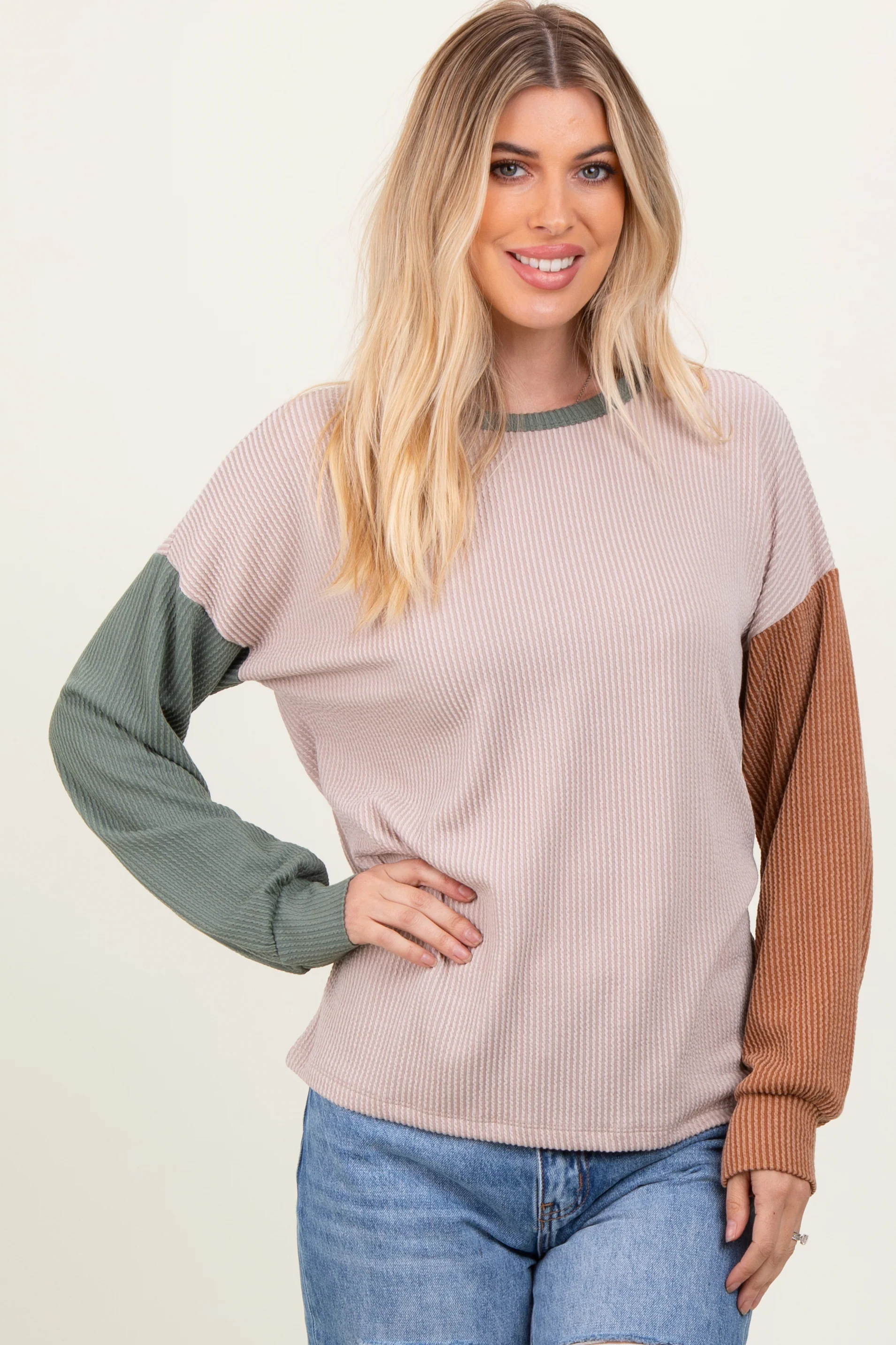 Beige Ribbed Colorblock Sleeve Long Sleeve Top - Image 2