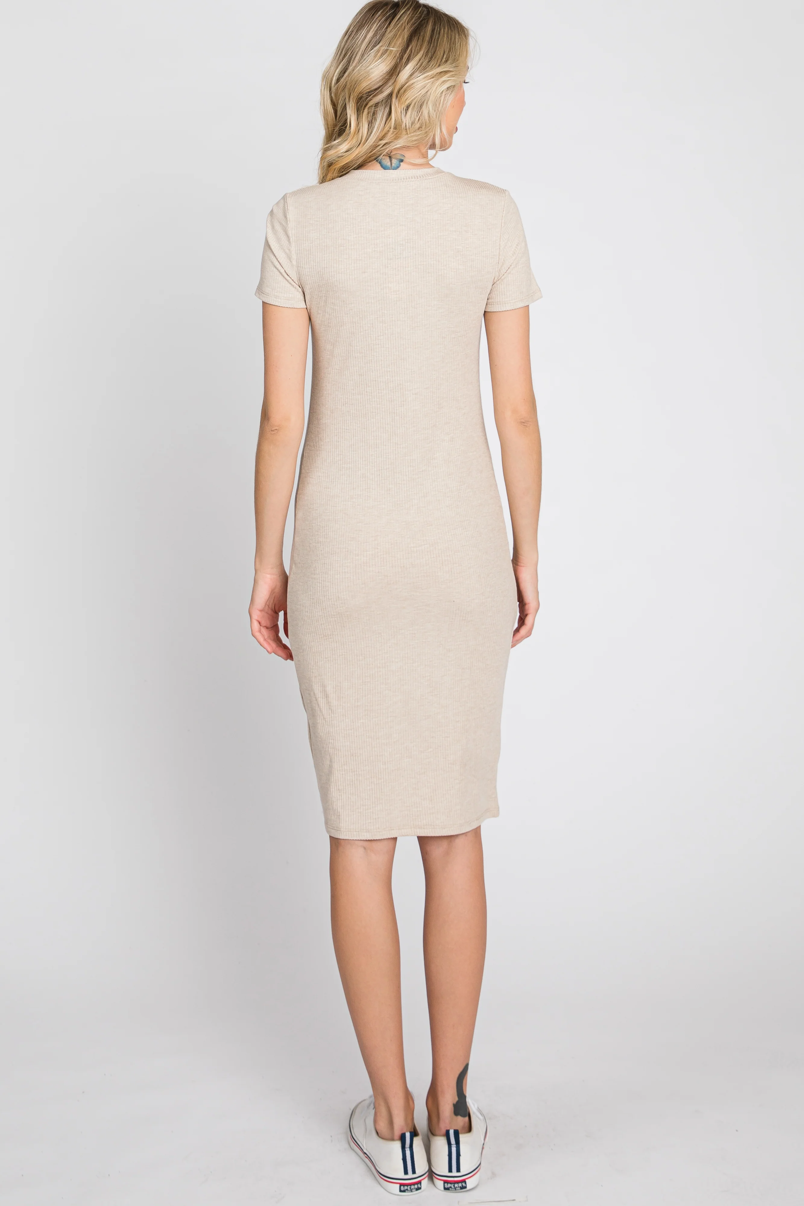 Beige Ribbed Fitted Dress - Image 6