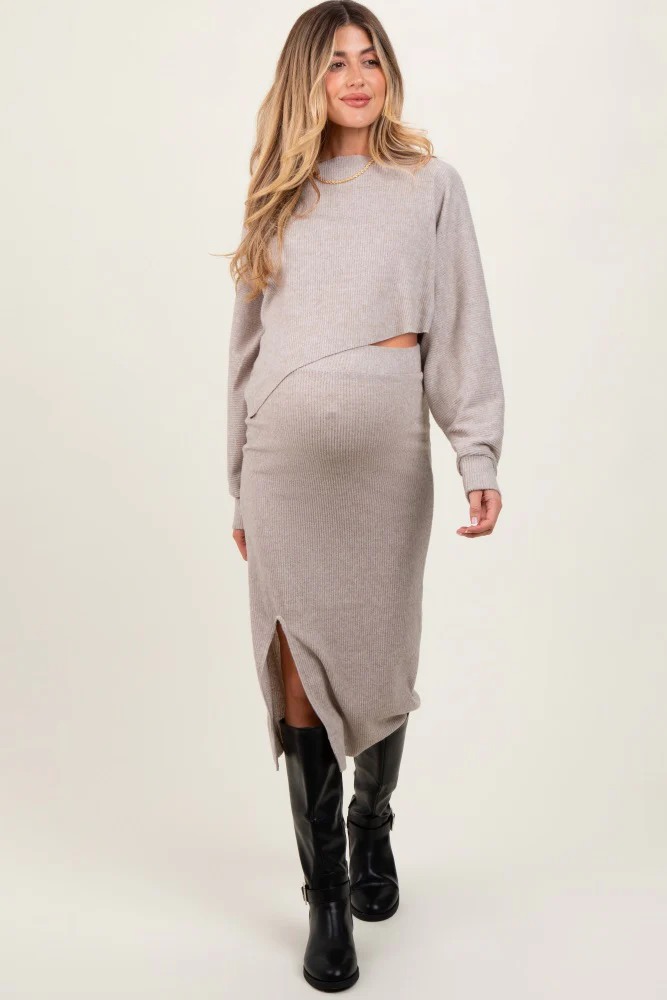 Beige Ribbed Knit Asymmetric Top Midi Skirt Maternity Set - Image 5