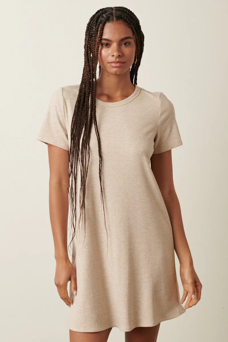 Beige Ribbed Knit Basic Short Sleeve Maternity T-Shirt Dress - Image 4