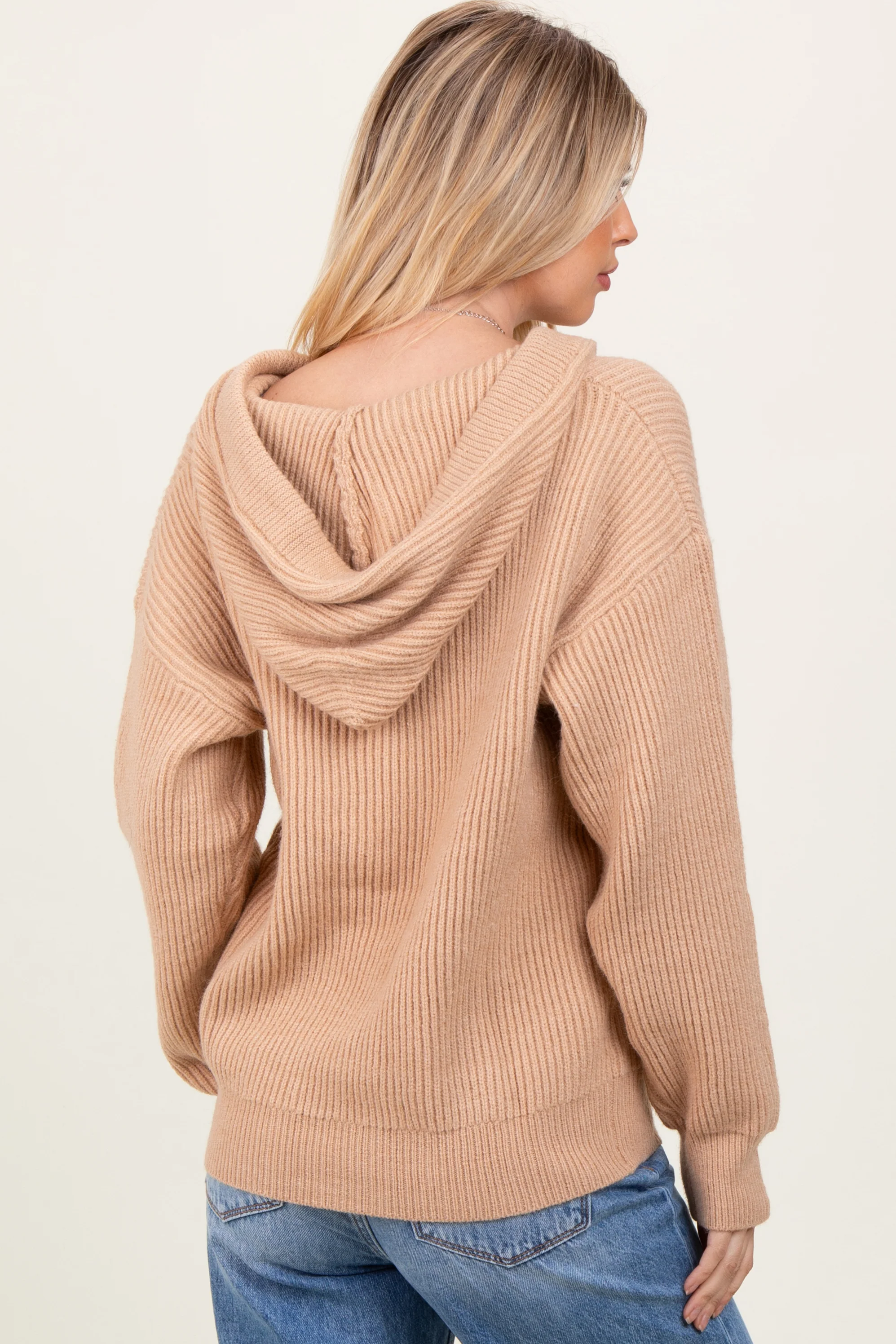 Beige Ribbed Knit Button Front Hooded Sweater - Image 4