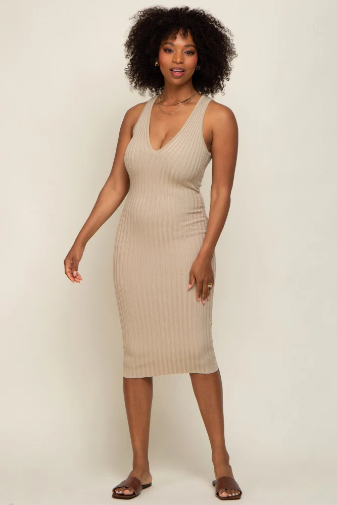 Beige Ribbed Knit Fitted V-Neck Maternity Midi Dress - Image 5