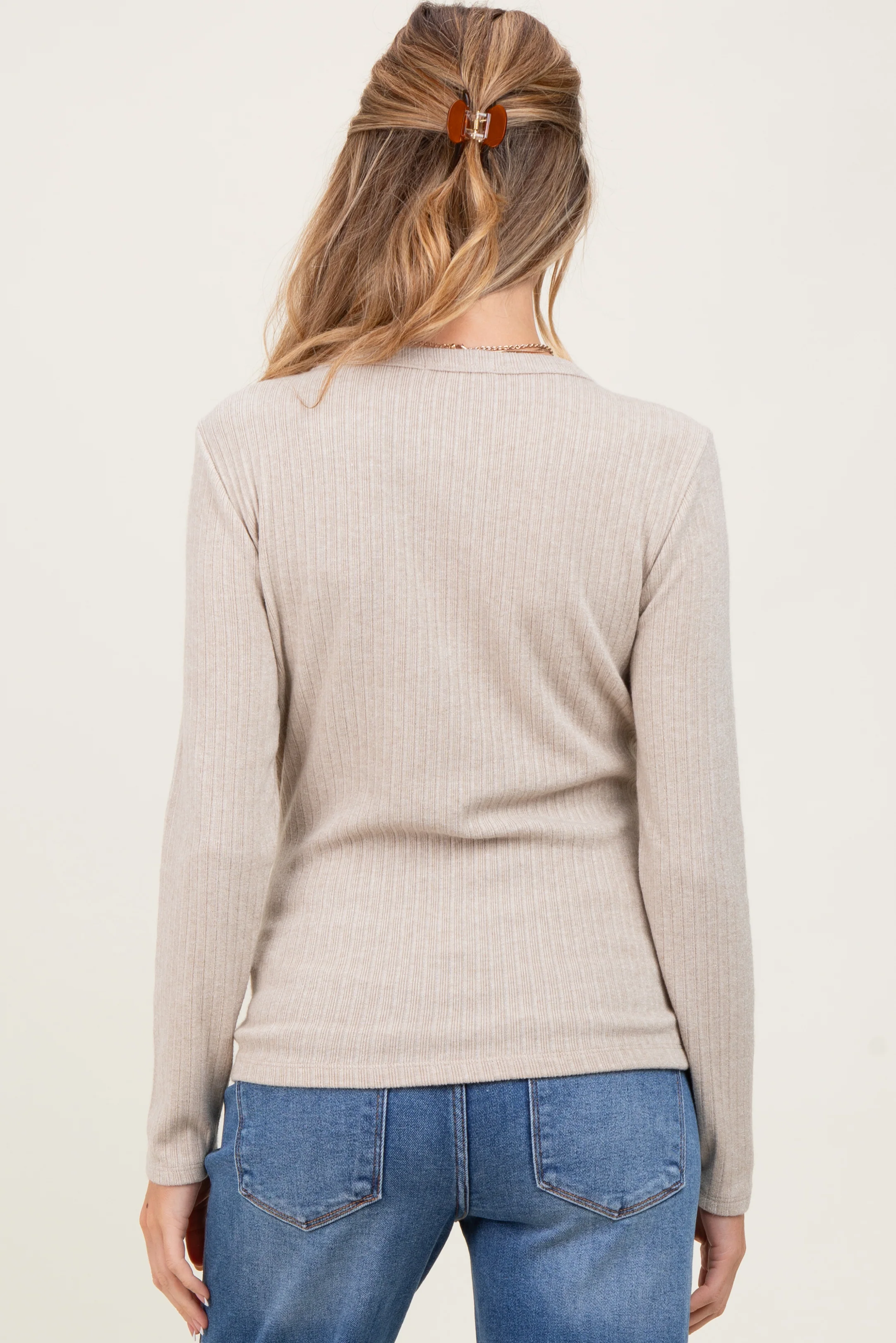 Beige Ribbed Knit Maternity Long Sleeve Top - Image 3