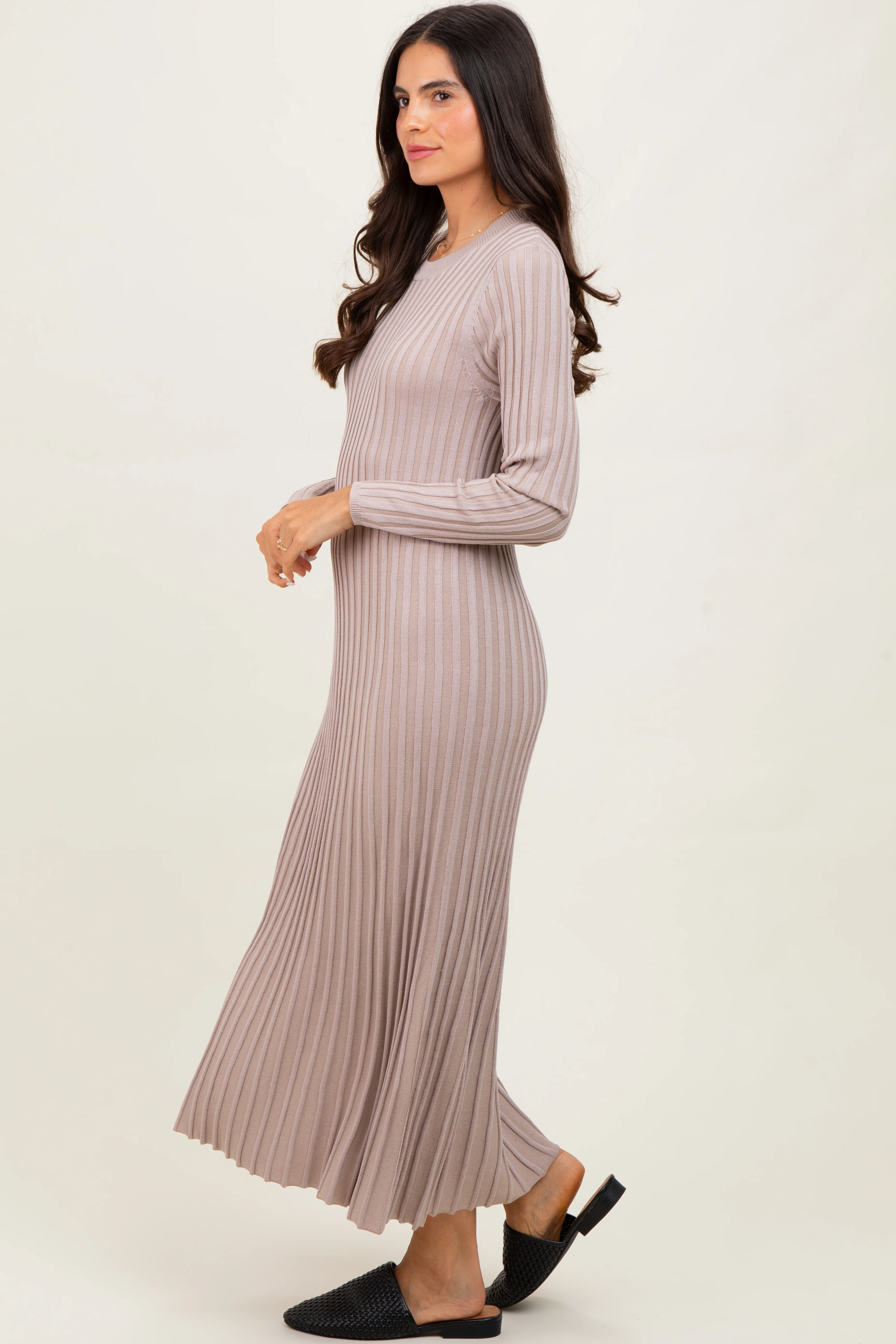 Beige Ribbed Long Sleeve Sweater Midi Dress - Image 3