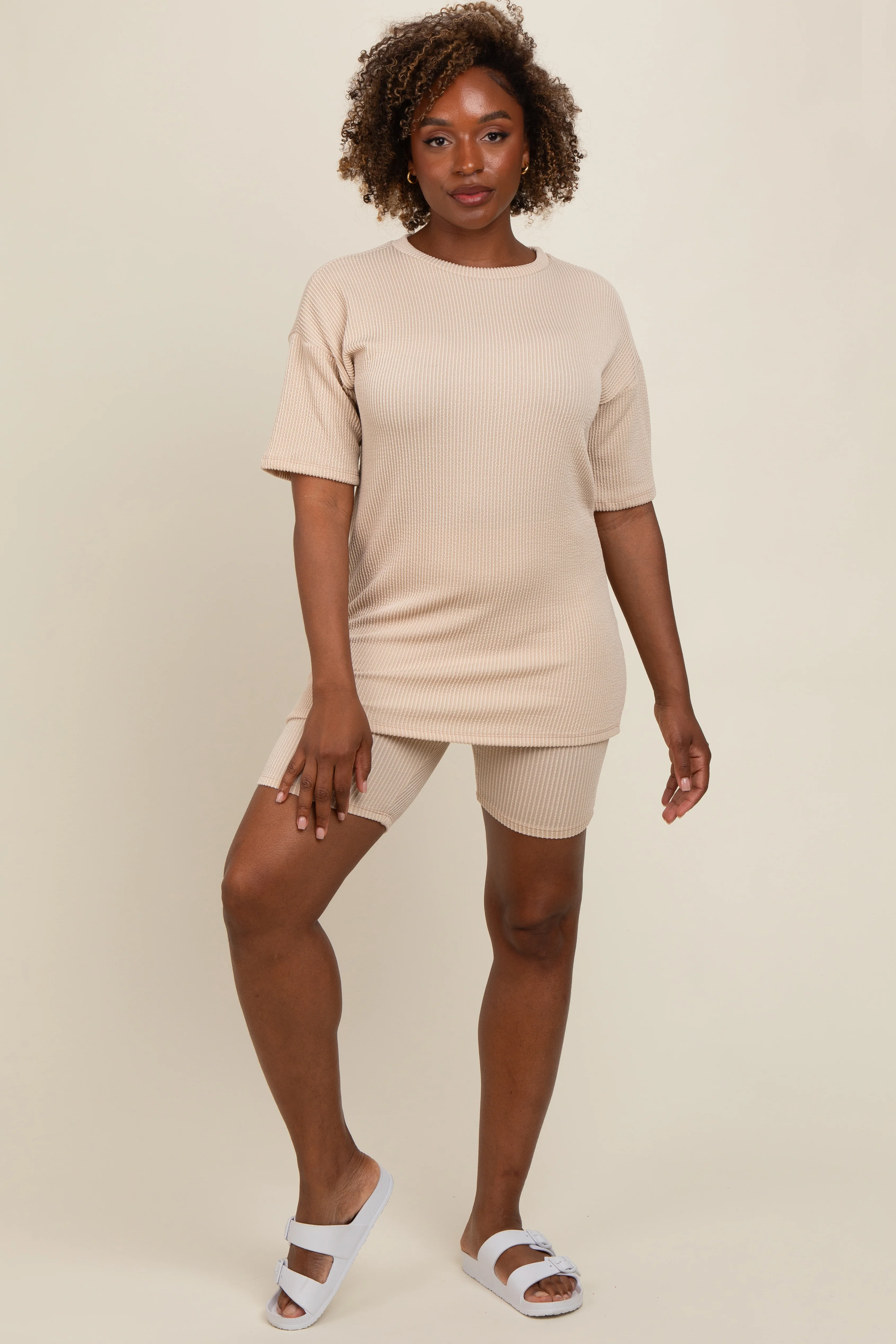 Beige Ribbed Maternity Biker Shorts Set - Image 3