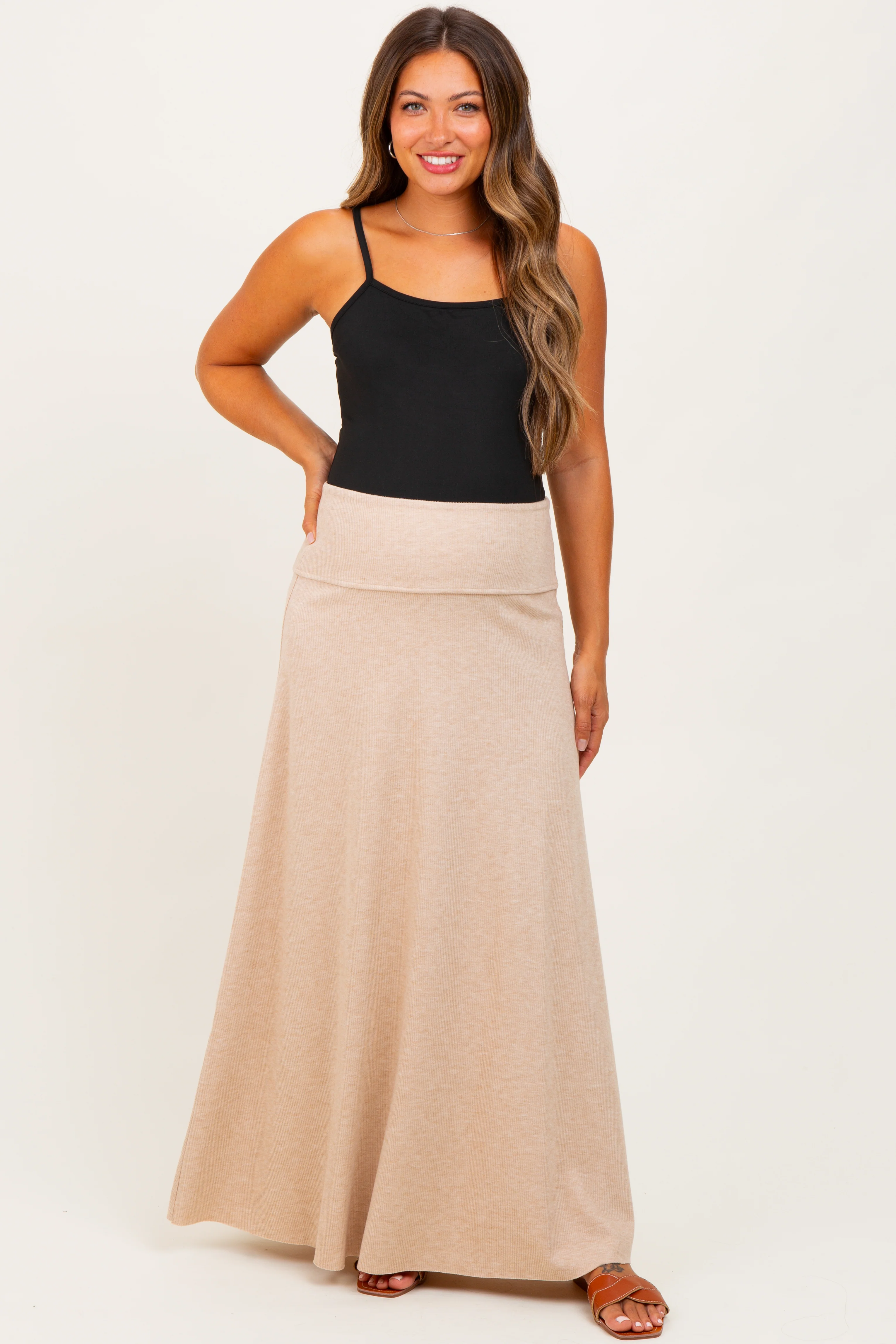 Beige Ribbed Maternity Maxi Skirt - Image 2