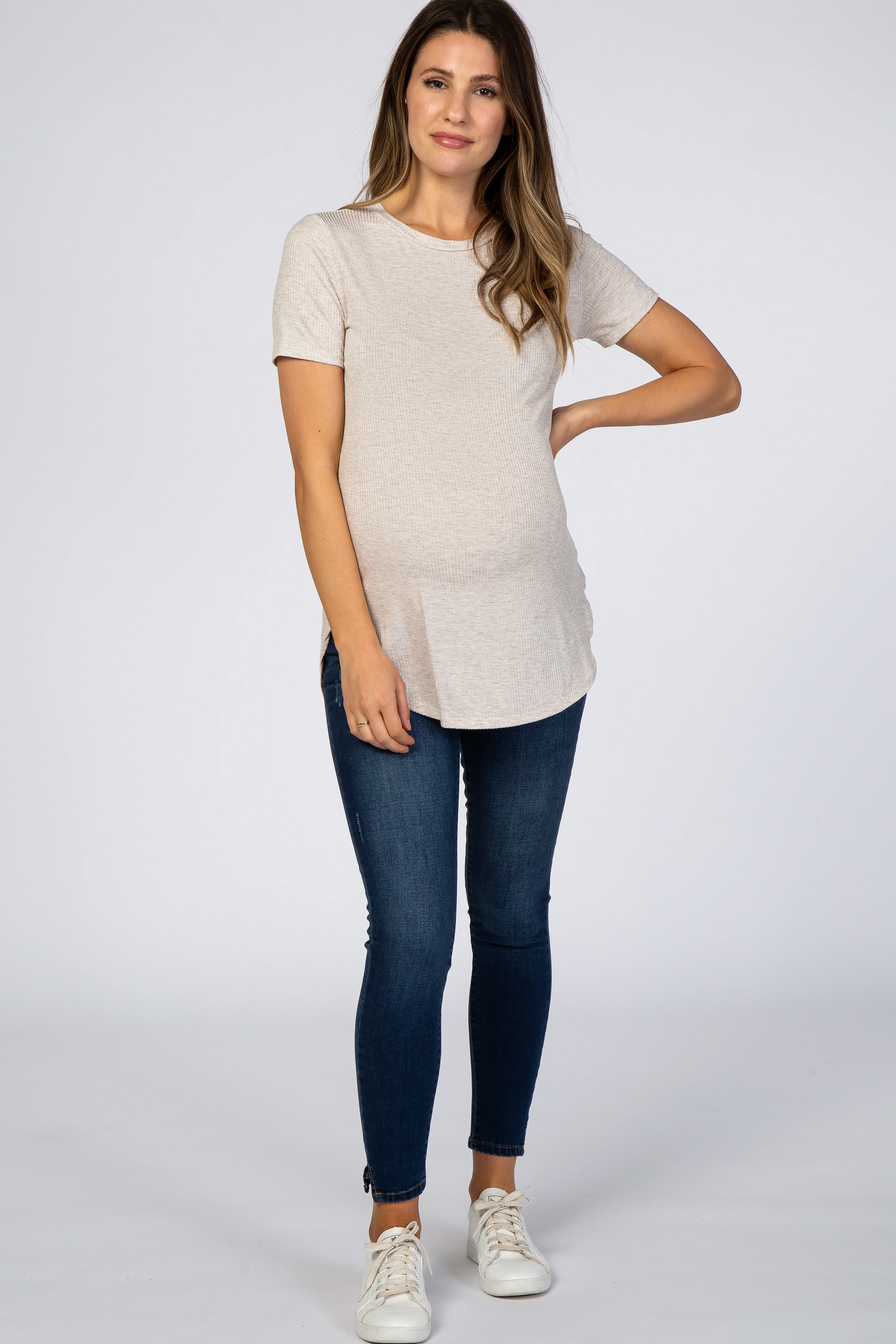 Beige Ribbed Round Hem Maternity Top - Image 4