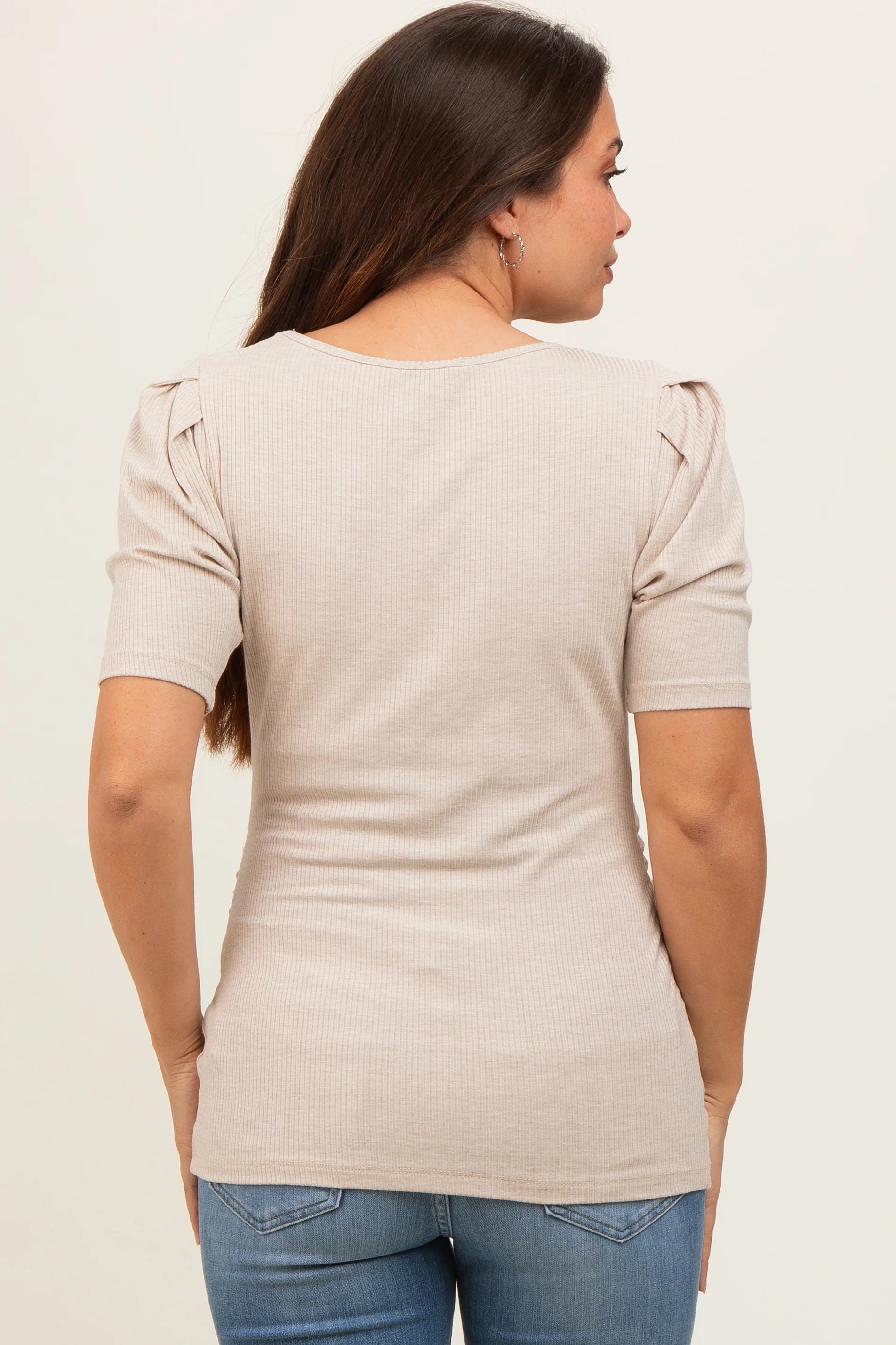 Beige Ribbed Ruched Square Neck Puff Sleeve Maternity Top - Image 4
