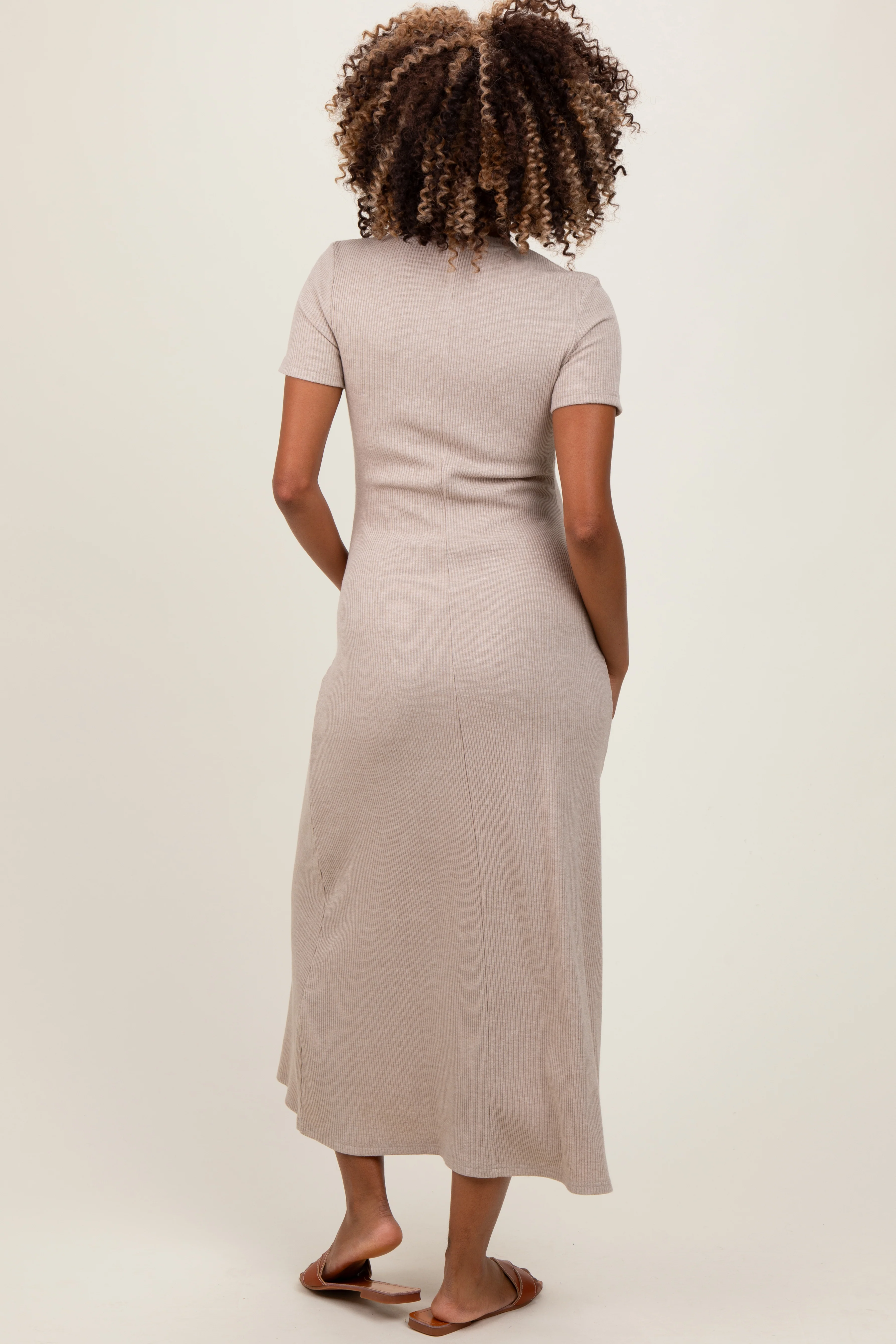 Beige Ribbed Short Sleeve Maternity Midi Dress - Image 3