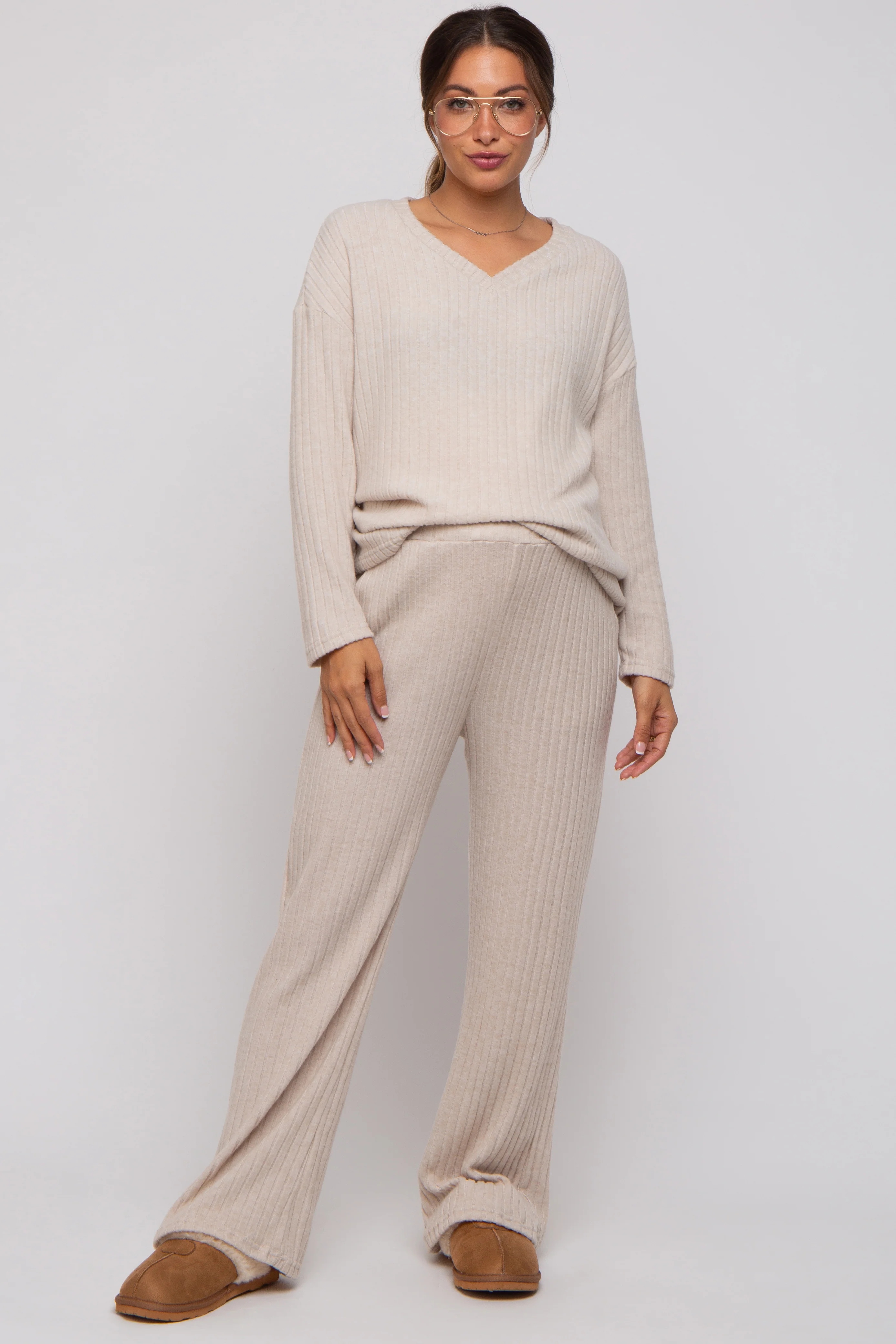 Beige Ribbed Soft Knit Long Sleeve Maternity Pajama Set - Image 5