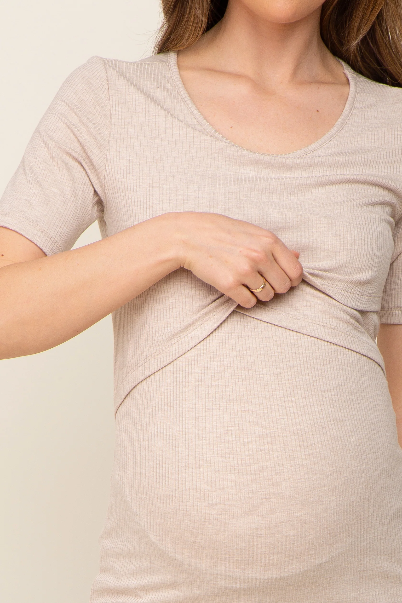 Beige Ribbed Wrap Front Maternity/Nursing Top - Image 4