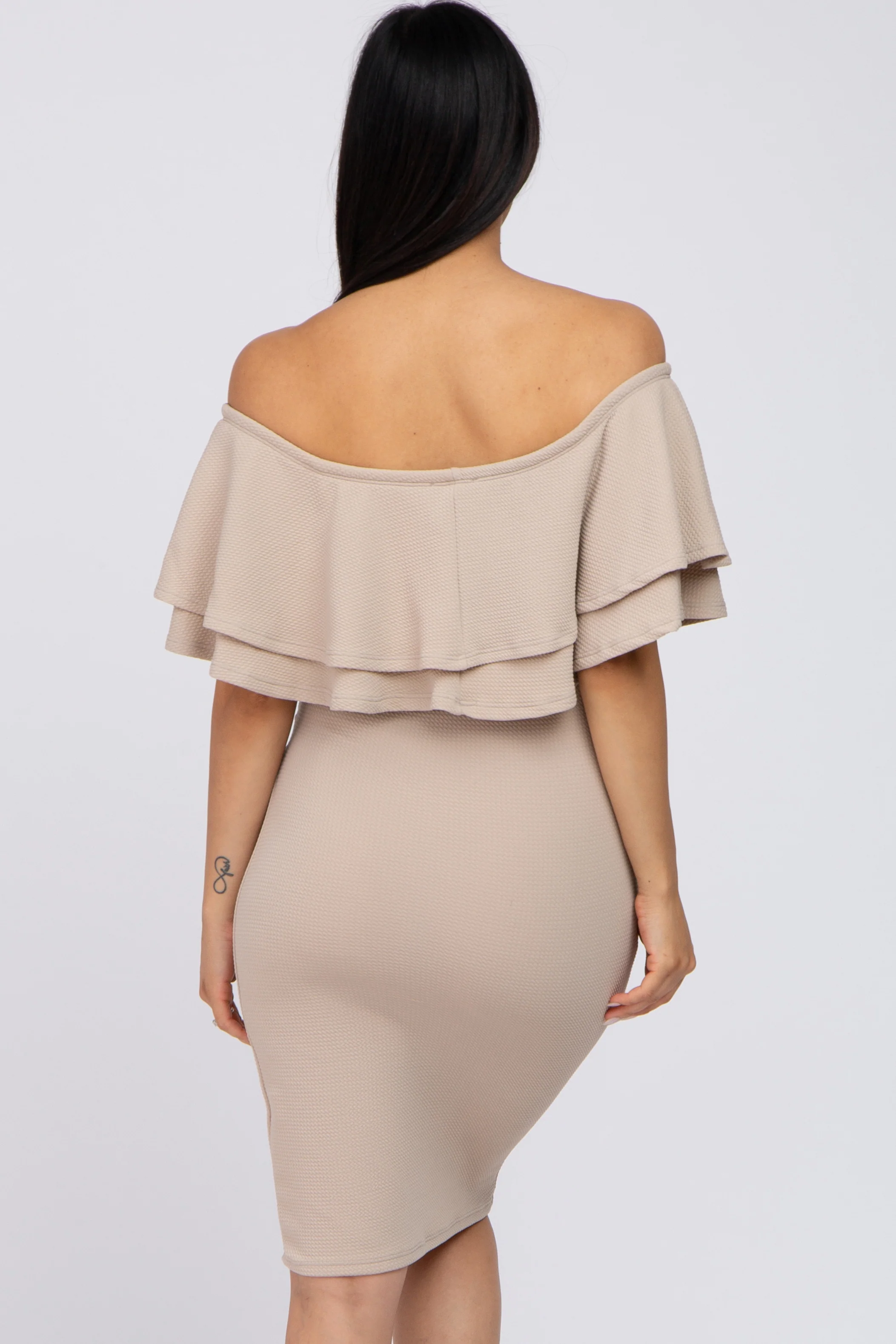 Beige Ruffle Off Shoulder Ruched Maternity Dress - Image 4