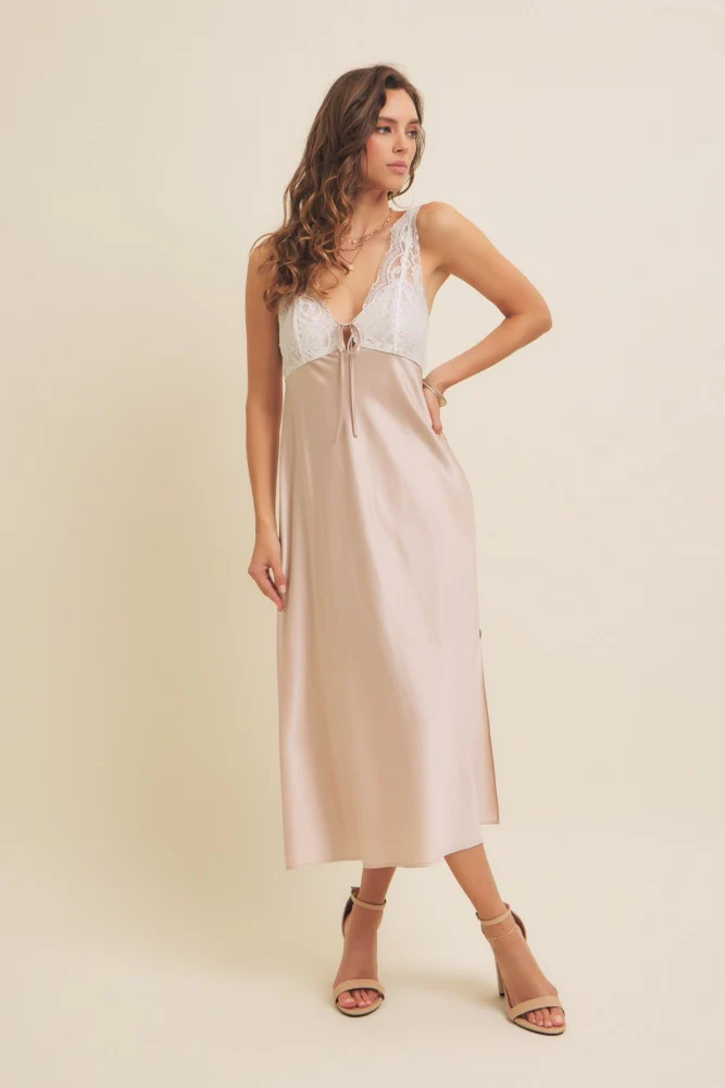 Beige Satin Lace Side Slit Maternity Slip Dress - Image 4