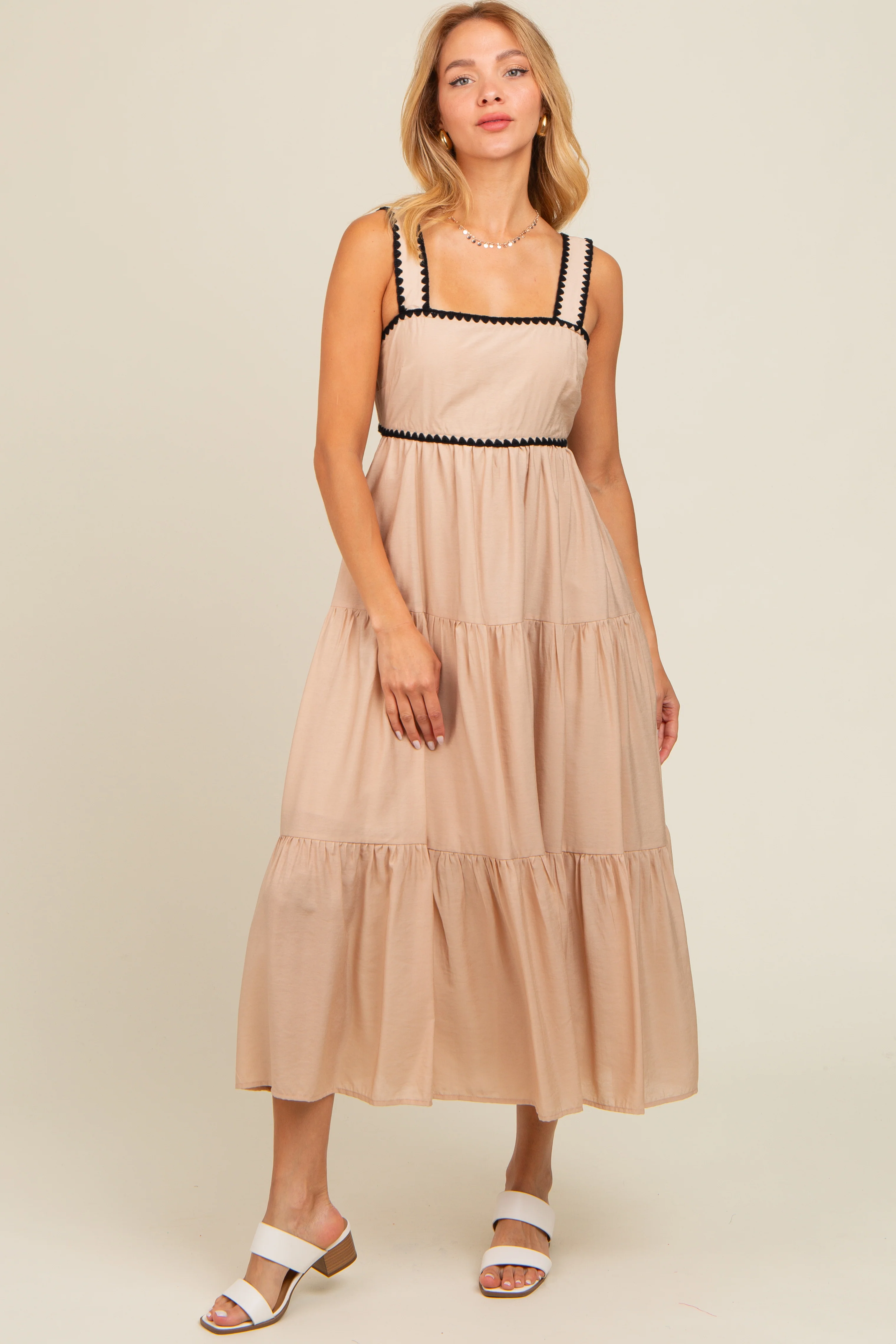 Beige Scallop Trim Tiered Midi Dress - Image 2