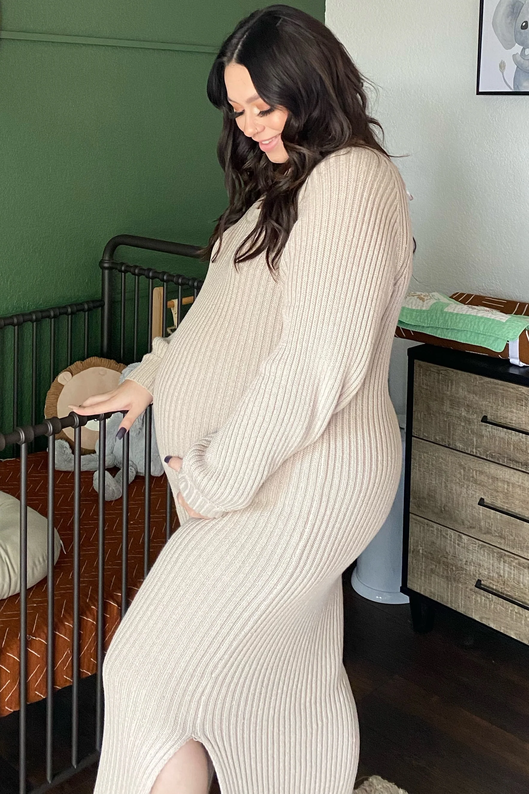 Beige Side Slit Maternity Maxi Sweater Dress - Image 6