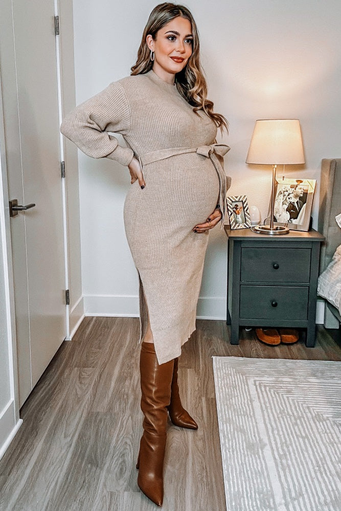 Beige Side Slit Maternity Sweater Midi Dress - Image 6