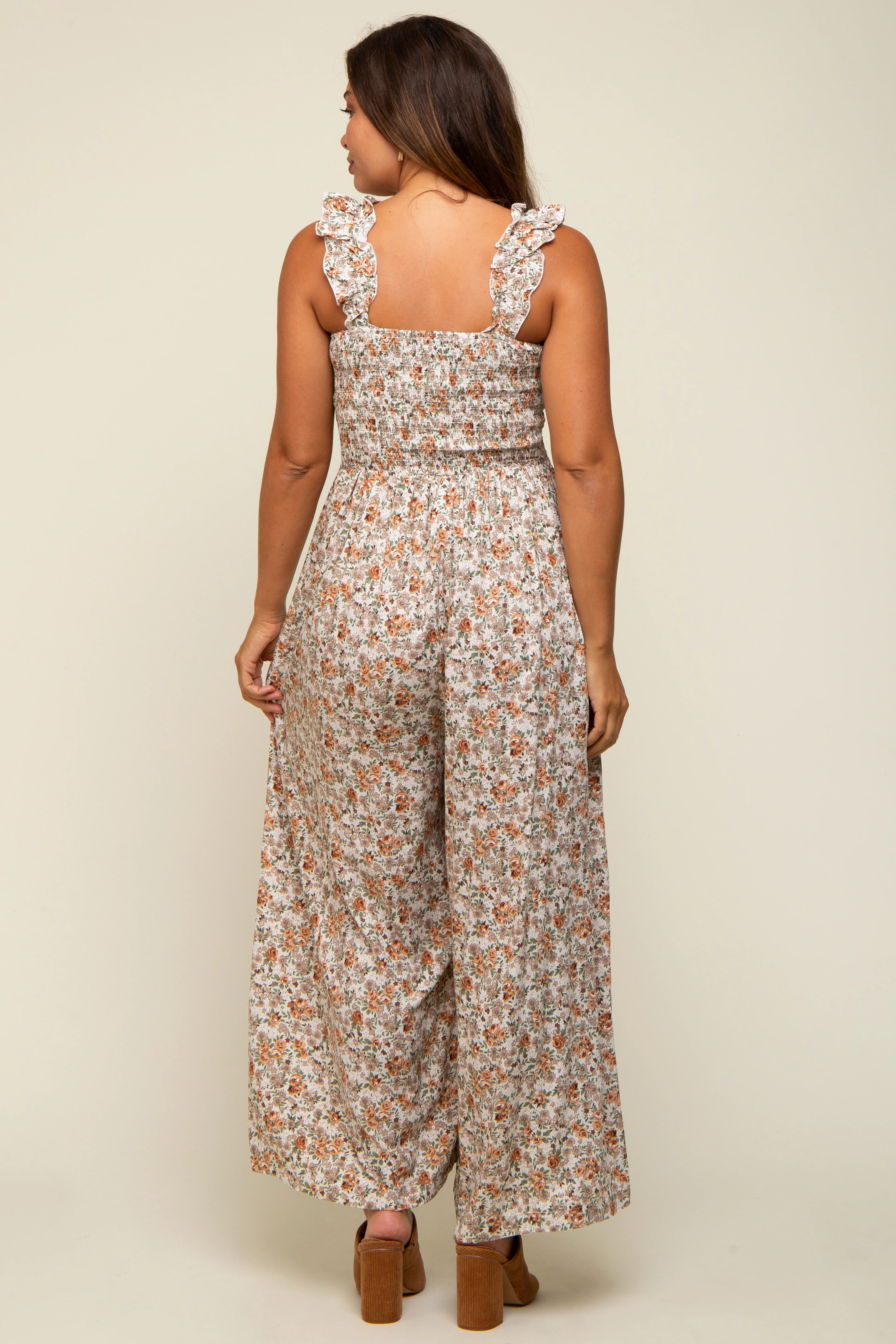 Beige Sleeveless Floral Smocked Ruffle Maternity Jumpsuit - Image 4
