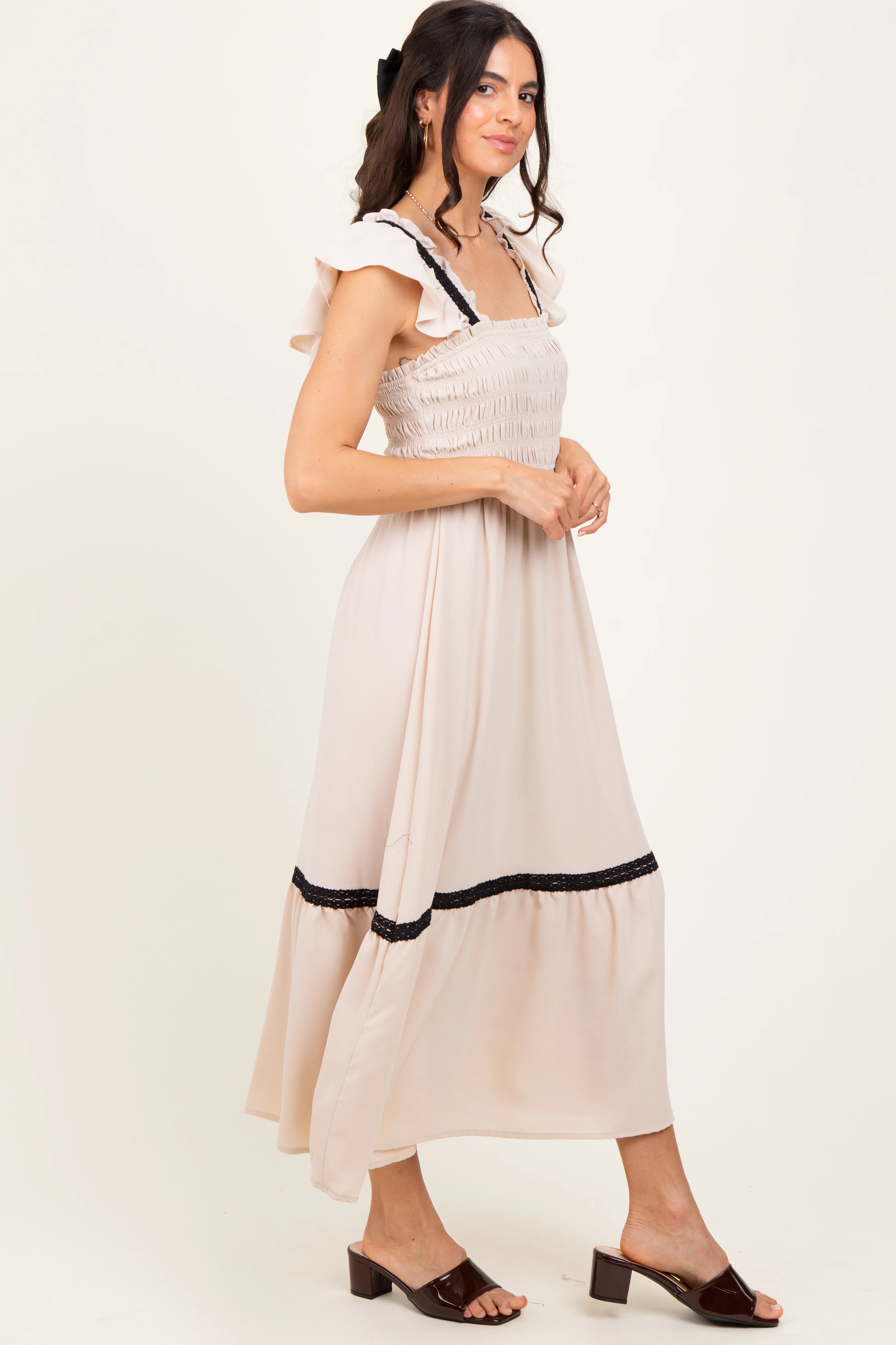 Beige Smocked Lace Detail Midi Dress - Image 3