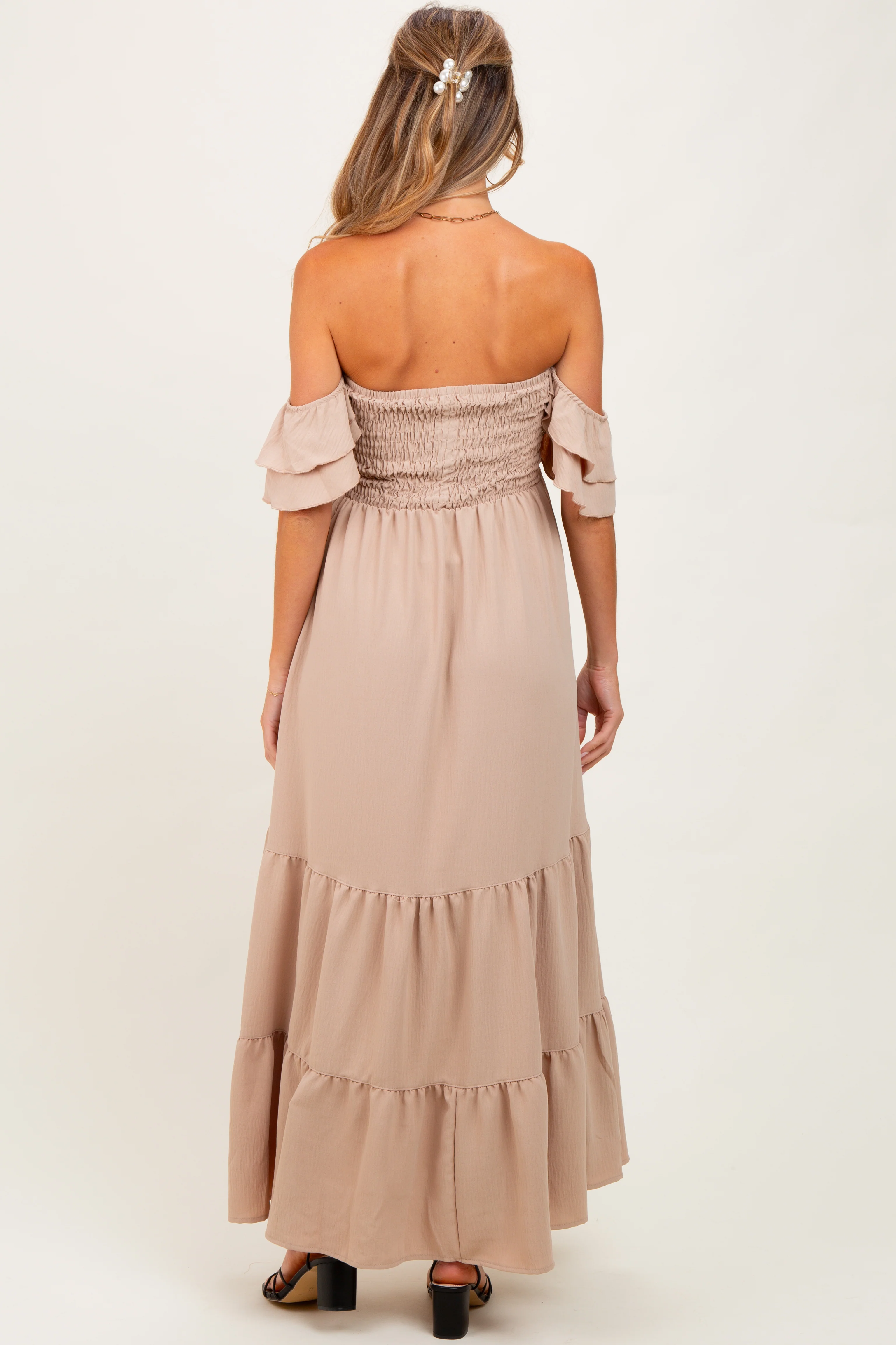Beige Smocked Ruffle Off Shoulder Tiered Maternity Maxi Dress - Image 4