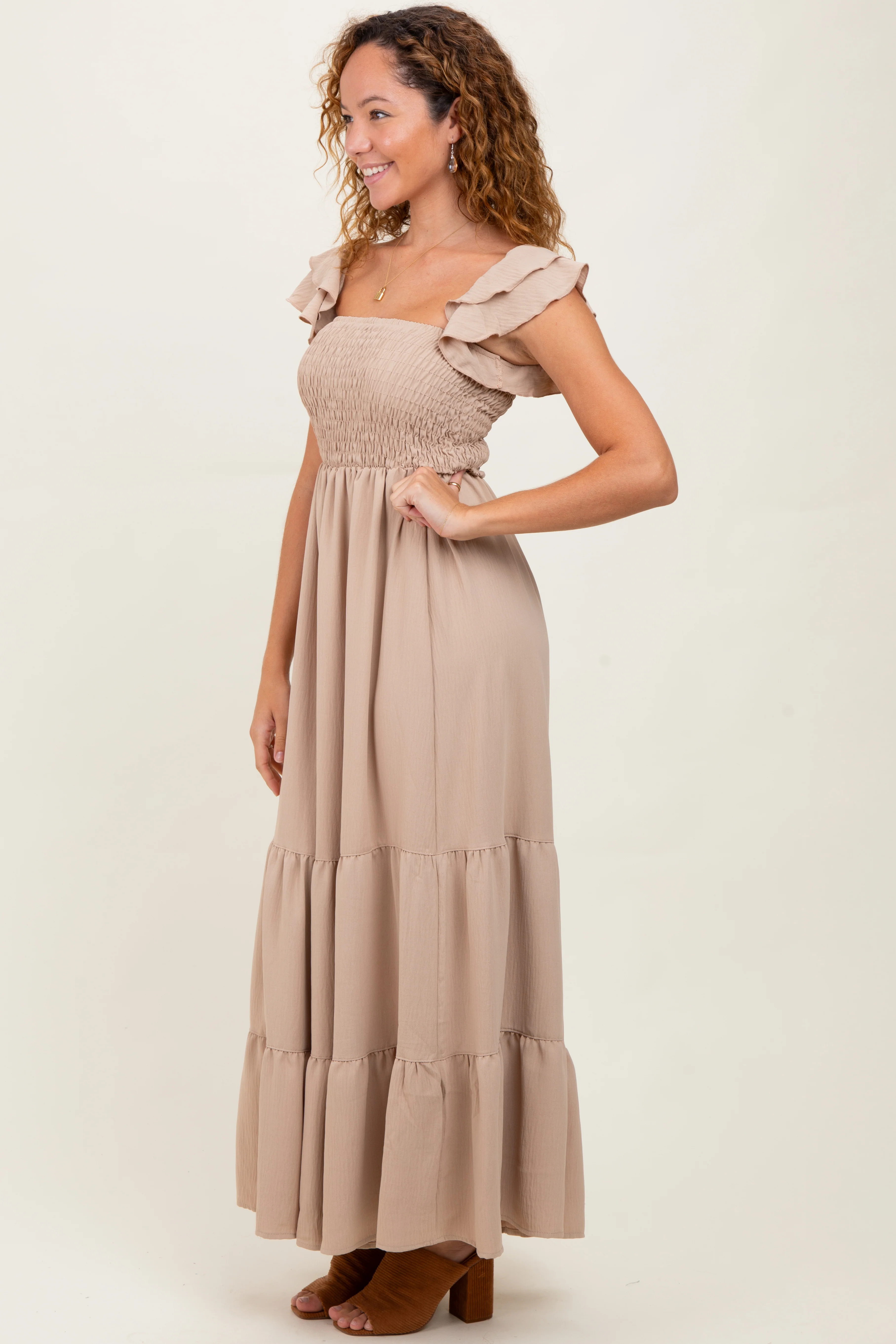 Beige Smocked Ruffle Off Shoulder Tiered Maxi Dress - Image 3