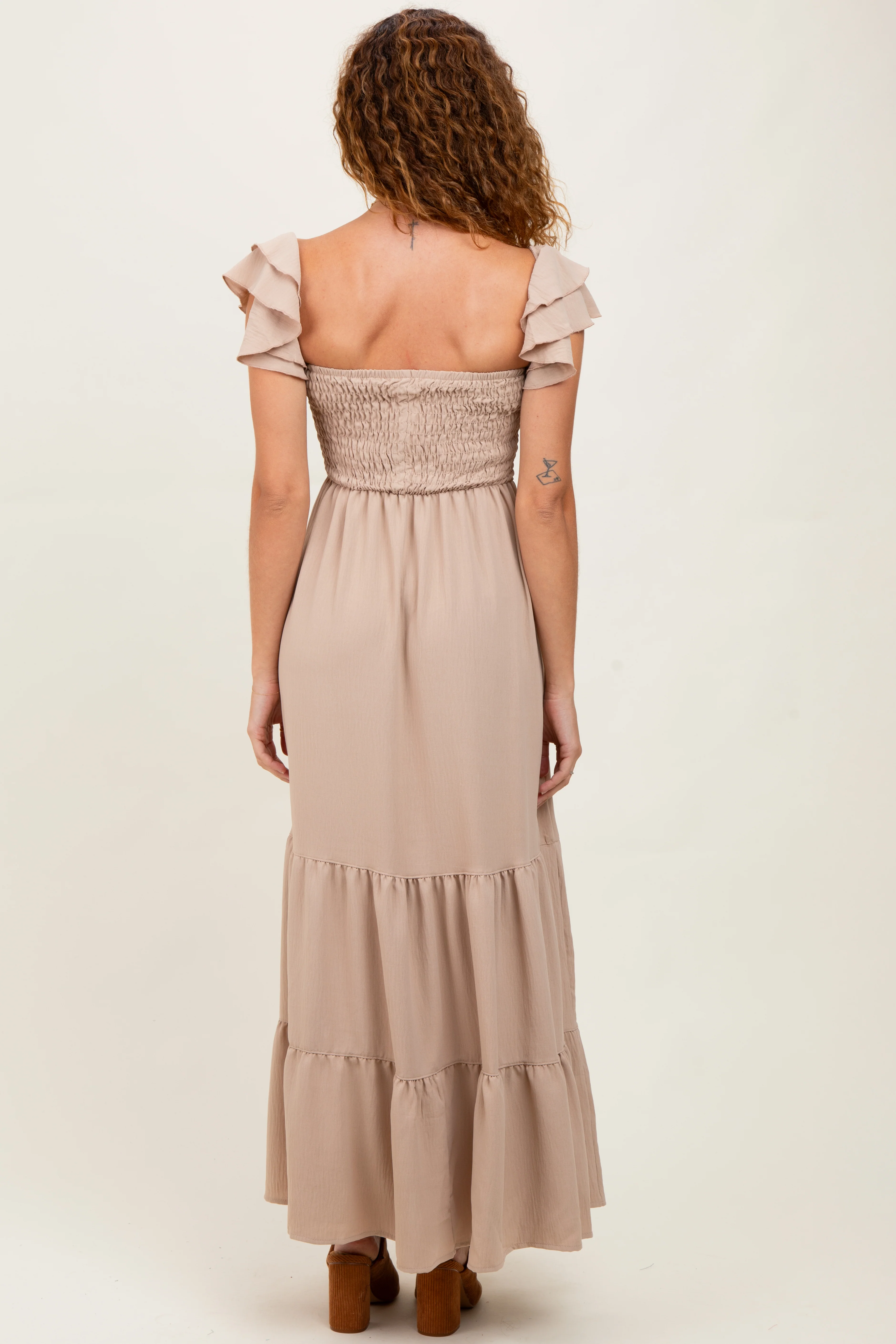 Beige Smocked Ruffle Off Shoulder Tiered Maxi Dress - Image 4