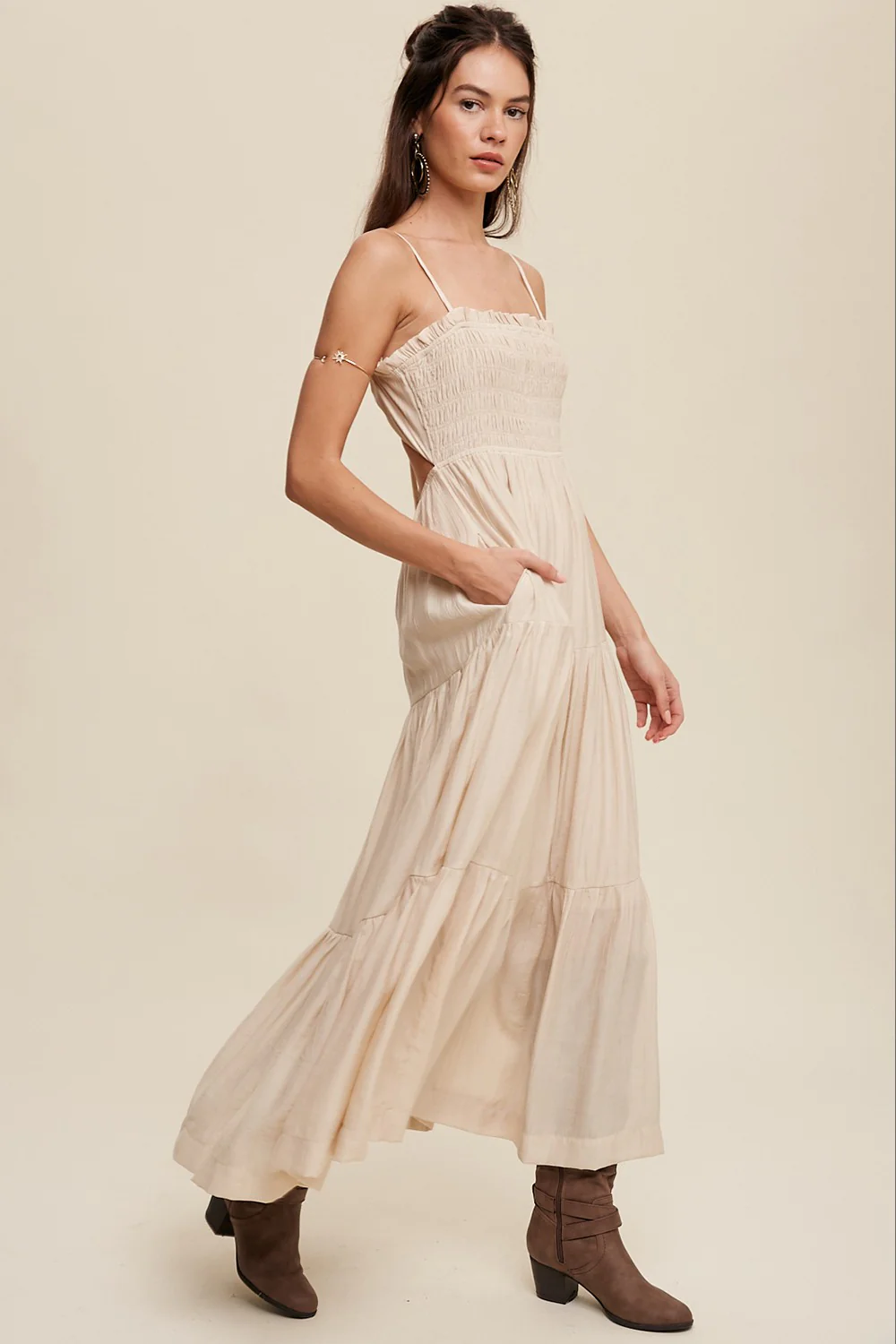 Beige Smocked Square Neck Back Cutout Tiered Midi Dress - Image 3