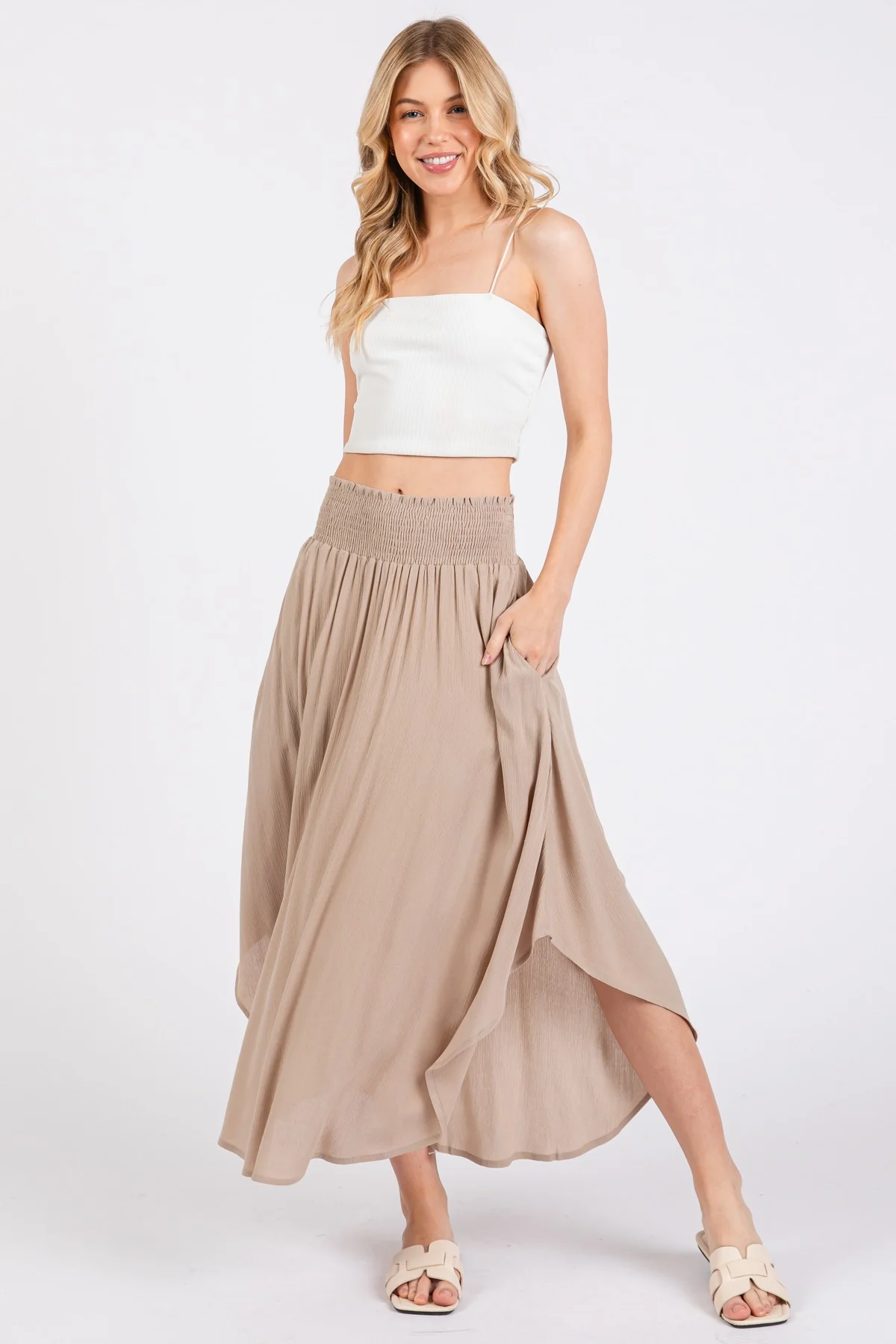 Beige Smocked Waist Rounded Hem Maternity Skirt - Image 5