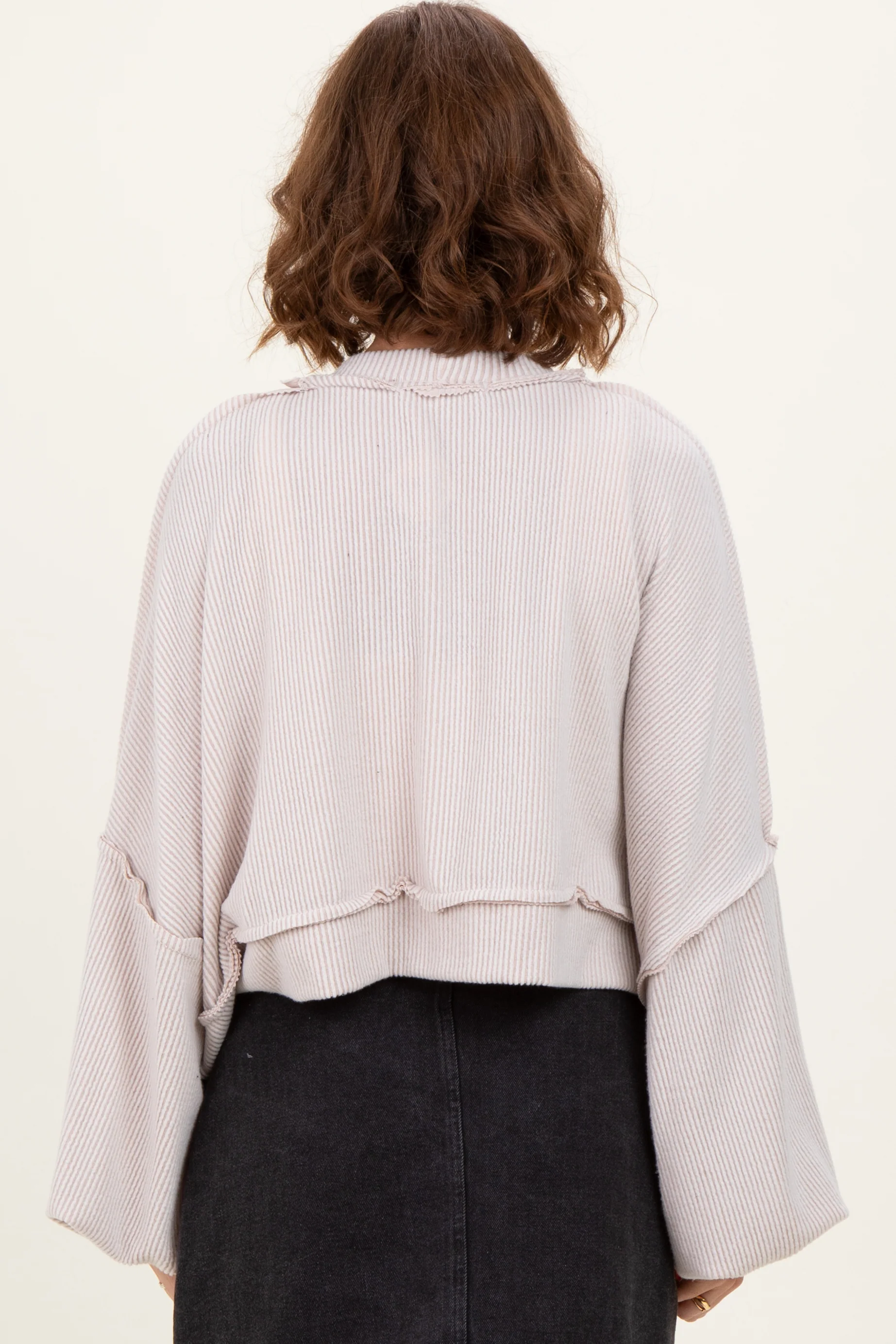 Beige Solid Ribbed Long Sleeve Cropped Cardigan - Image 3