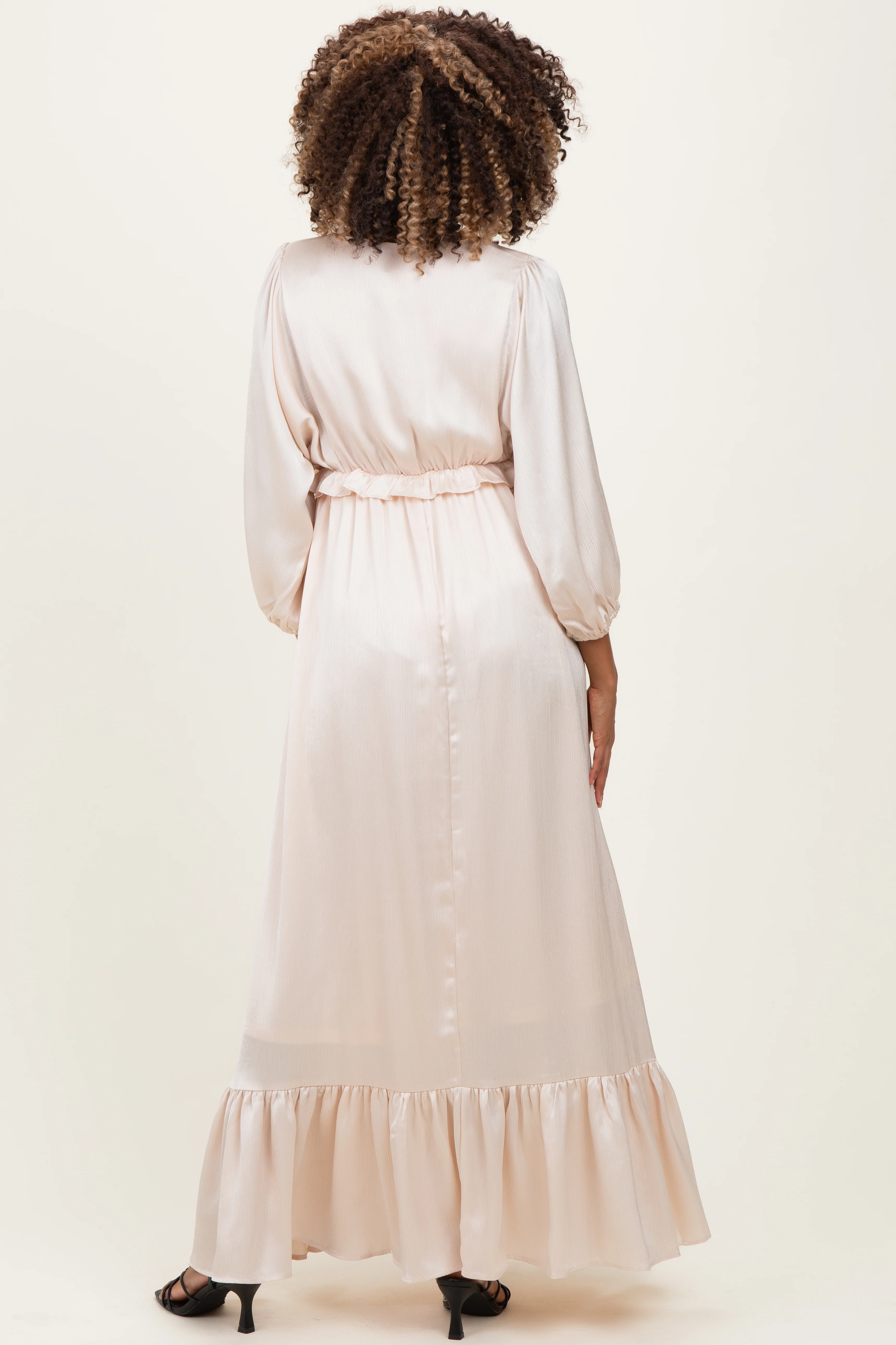 Beige Solid Satin Long Sleeve Open V-Neck Ruffle Waist Tiered Maternity Maxi Dress - Image 3