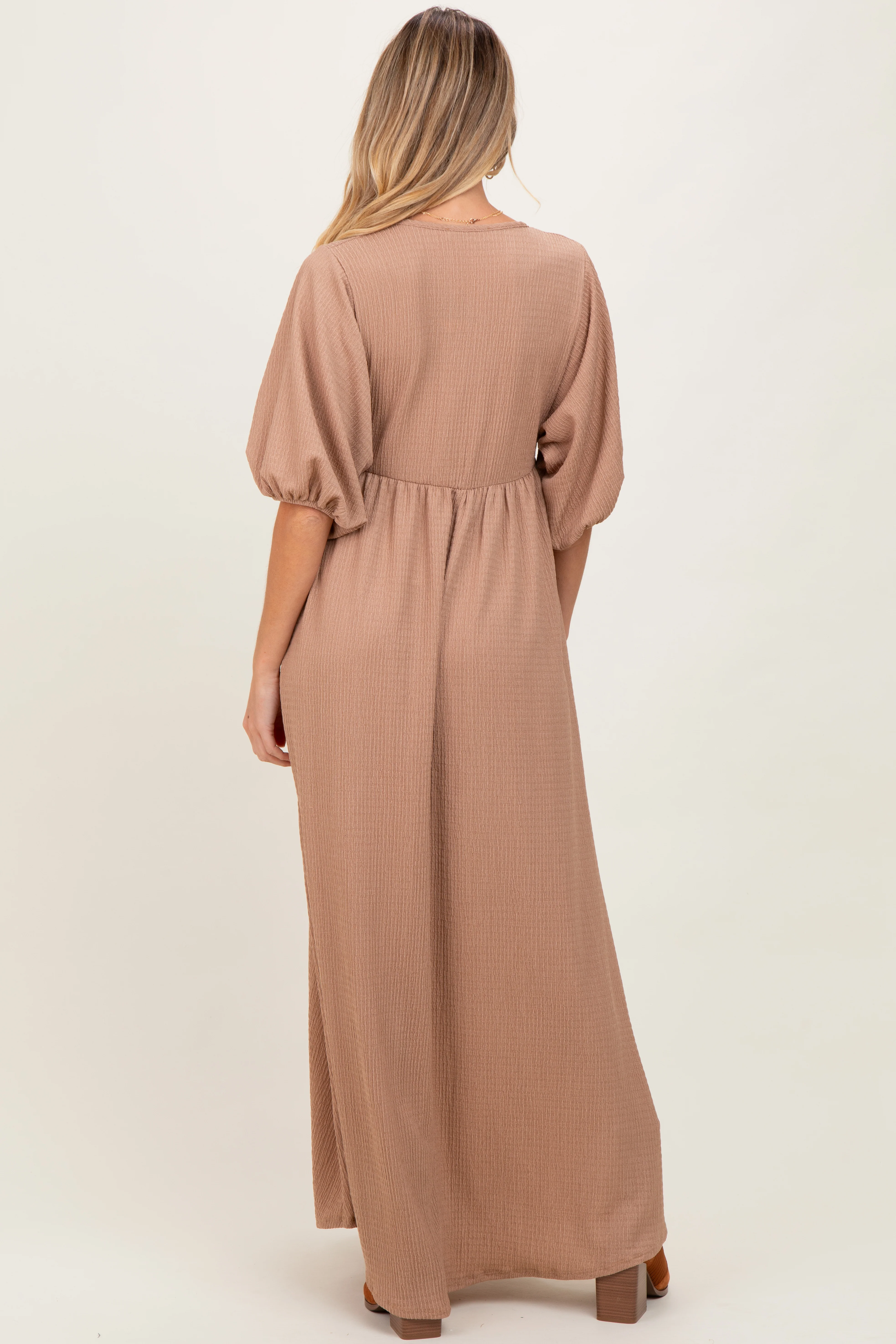 Beige Solid Woven 3/4 Sleeve V-Neck Button Down Maternity Maxi Dress - Image 4