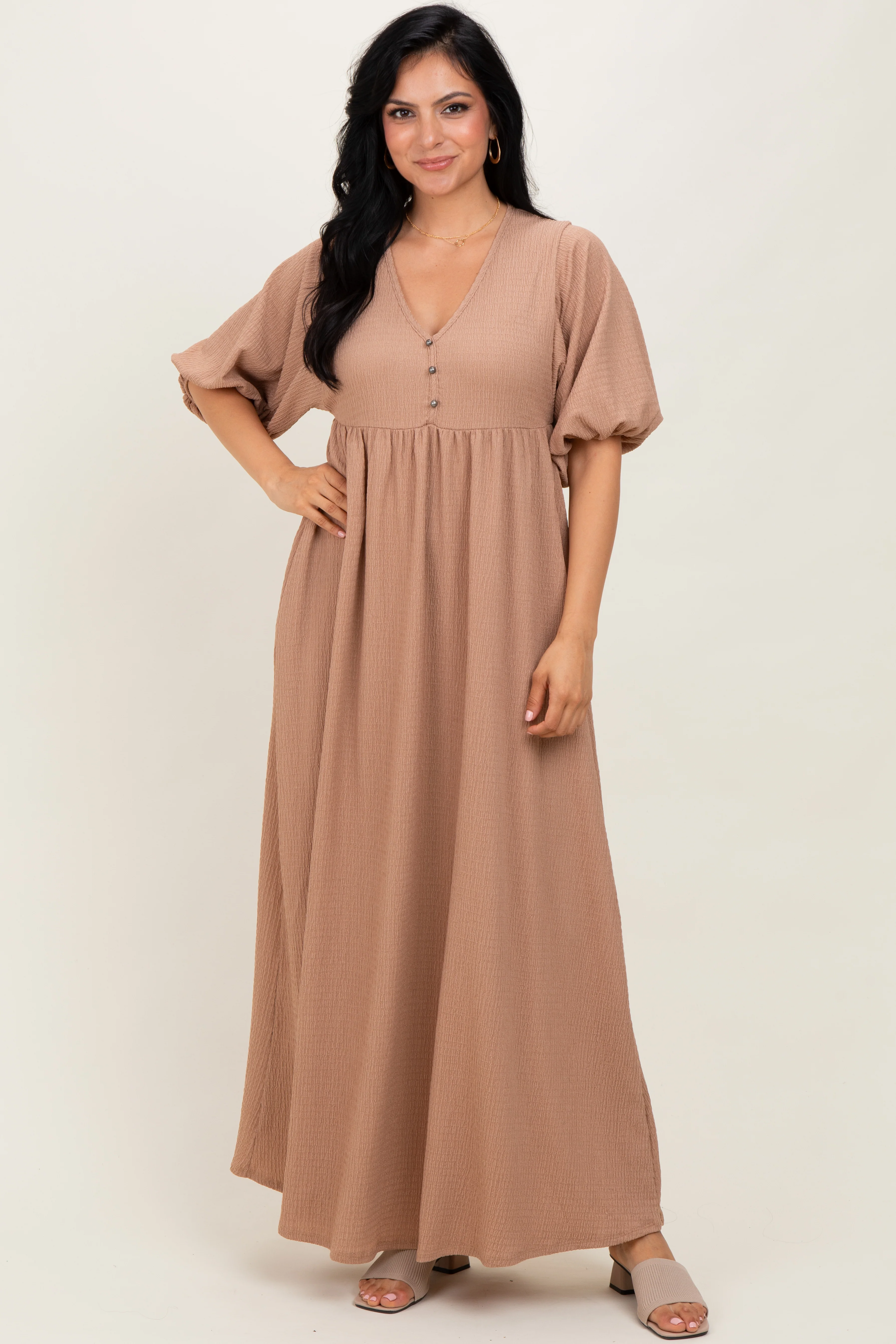 Beige Solid Woven 3/4 Sleeve V-Neck Button Down Maternity Maxi Dress - Image 5