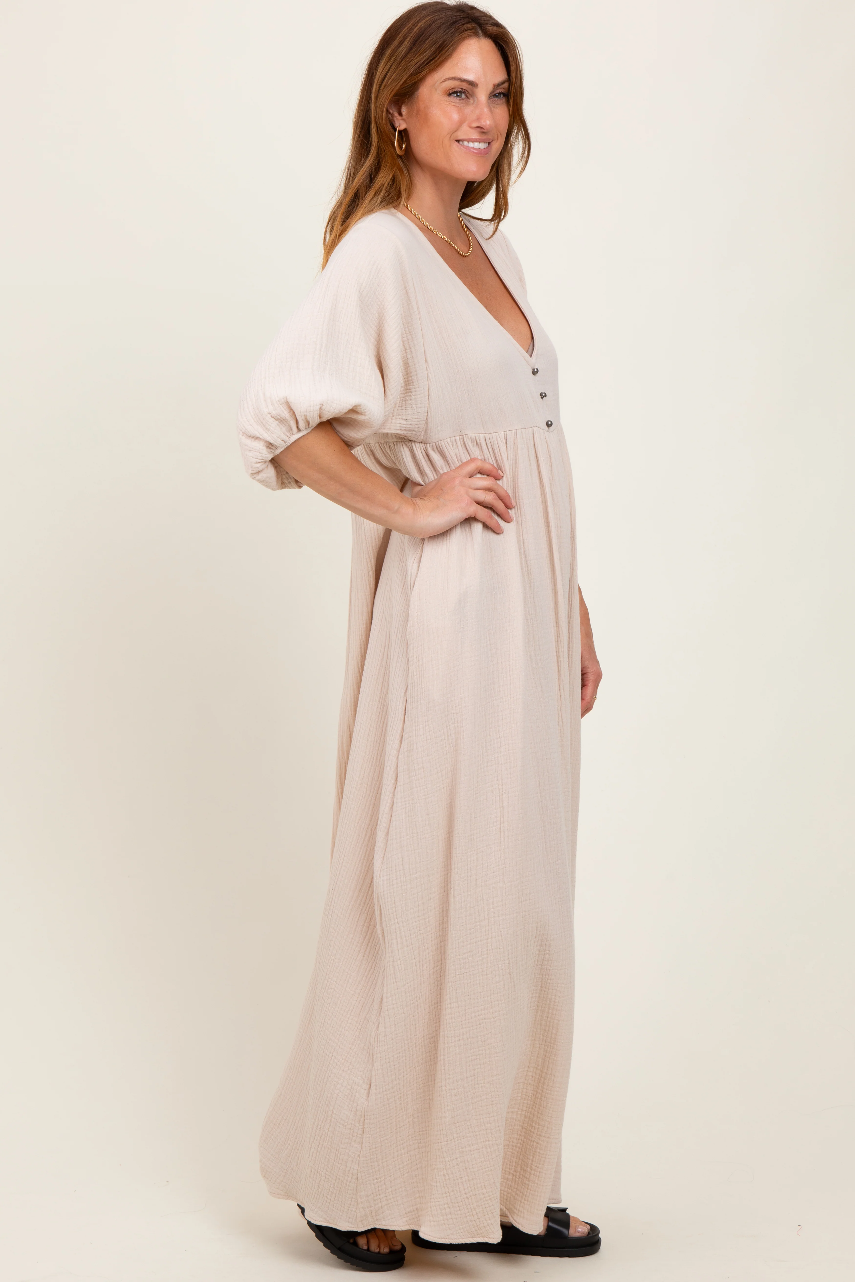 Beige Solid Woven Elbow Sleeve V-Neck Button Down Maxi Dress - Image 3