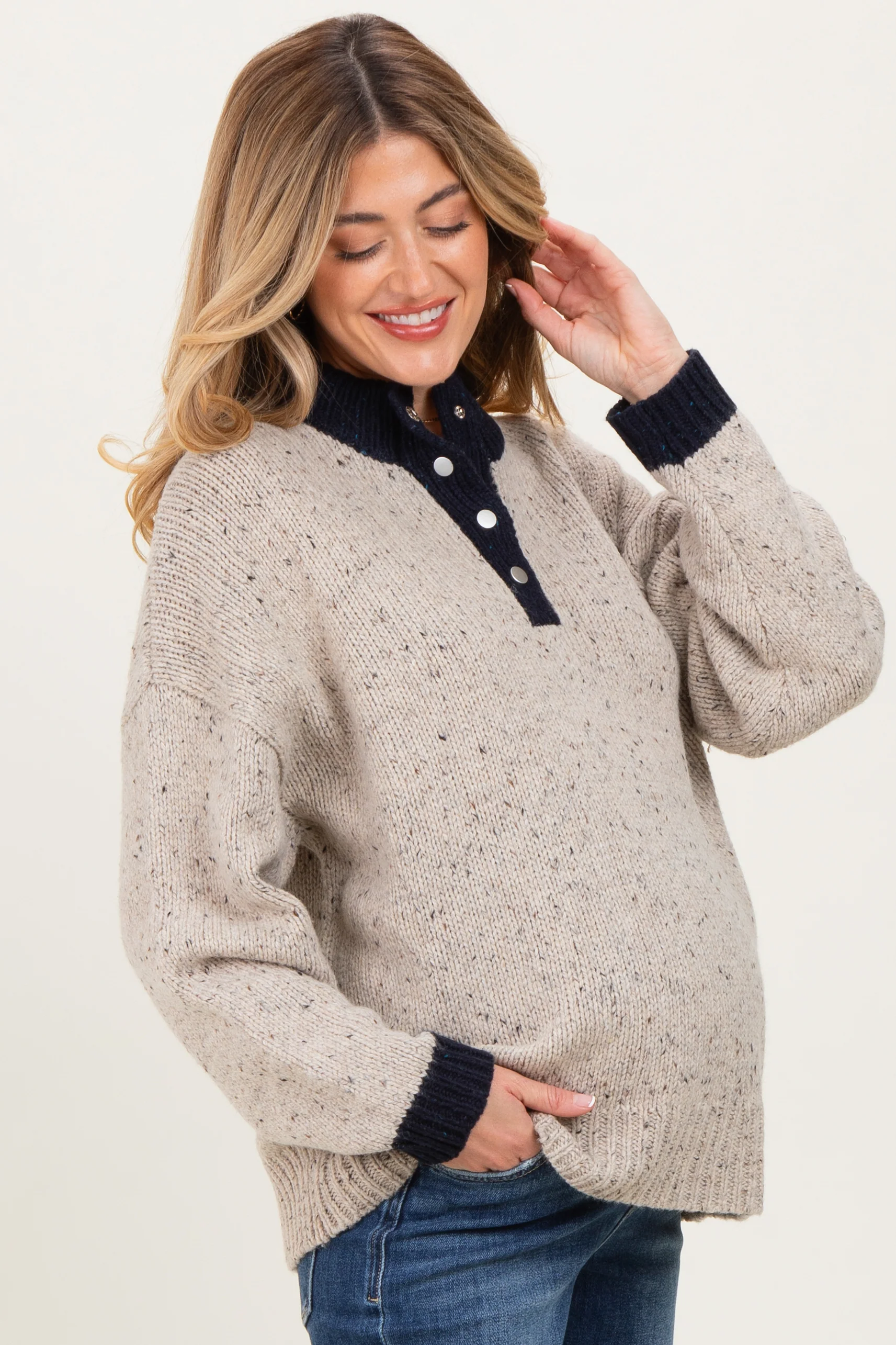 Beige Speckle Knit Snap Button Oversized Maternity Sweater - Image 5