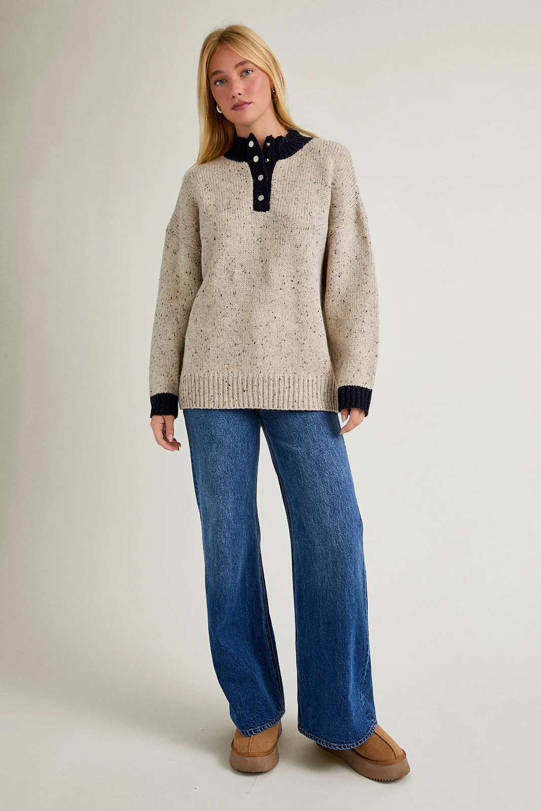 Beige Speckle Knit Snap Button Oversized Sweater - Image 5
