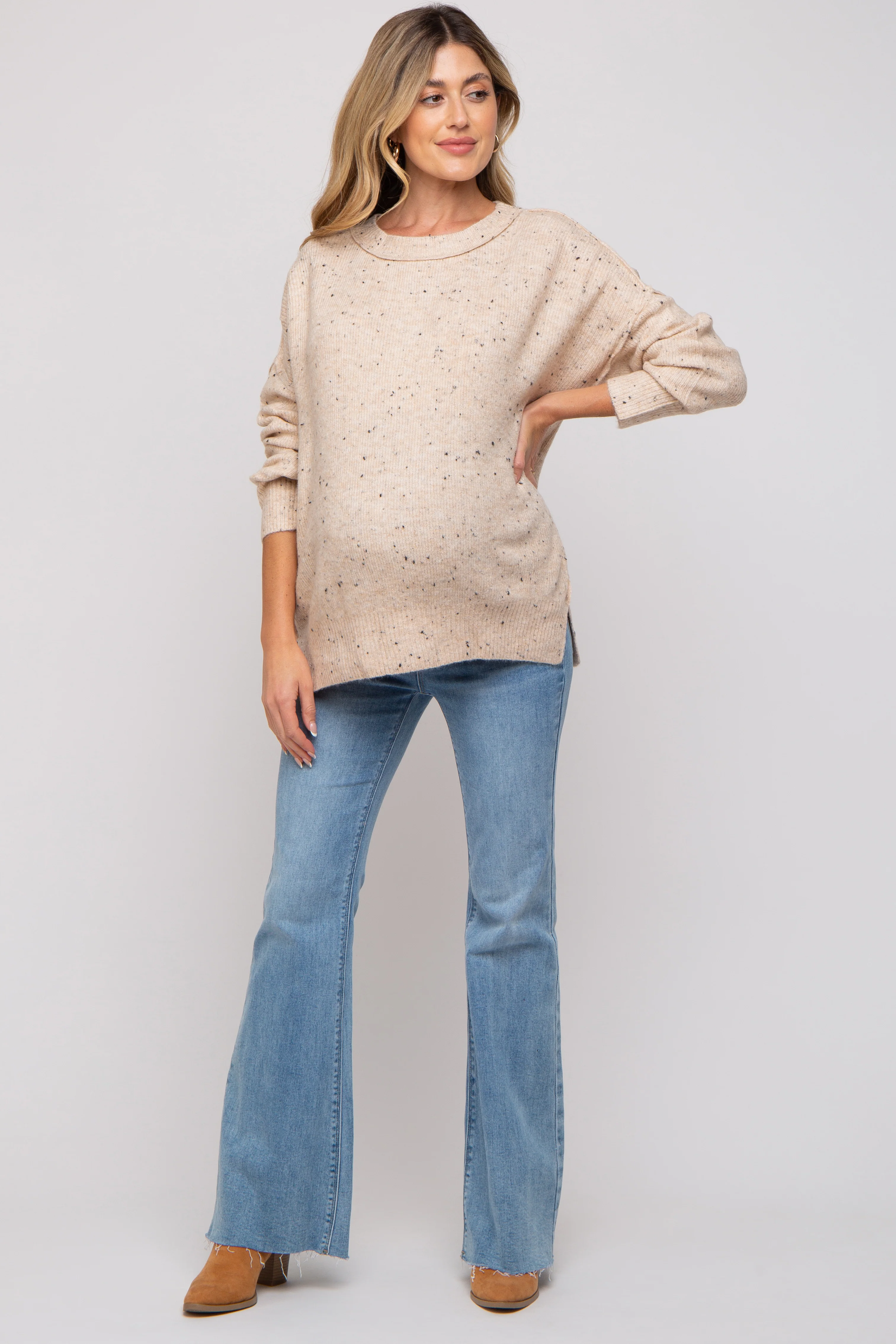 Beige Speckled Knit Maternity Sweater - Image 5
