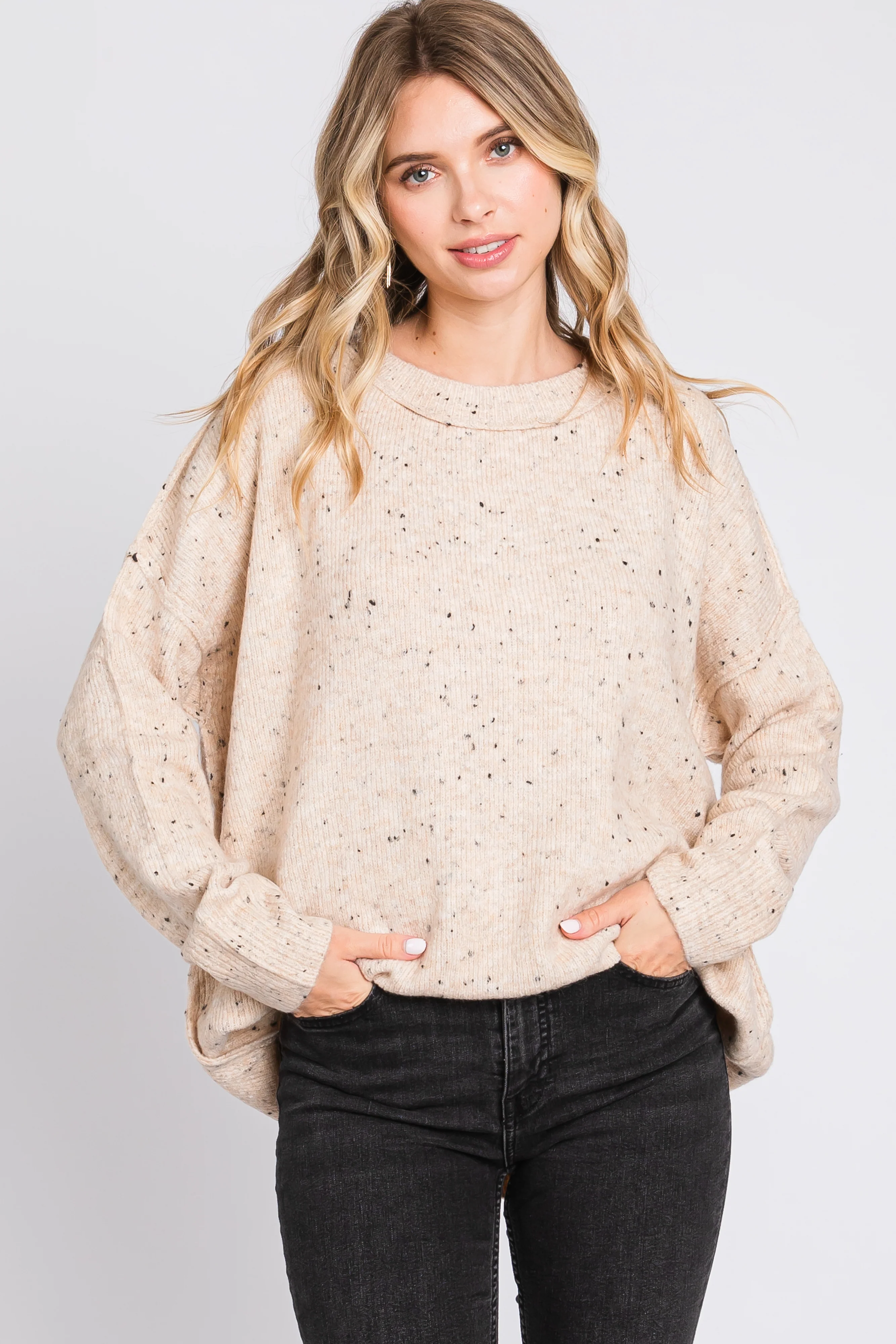 Beige Speckled Knit Maternity Sweater - Image 7