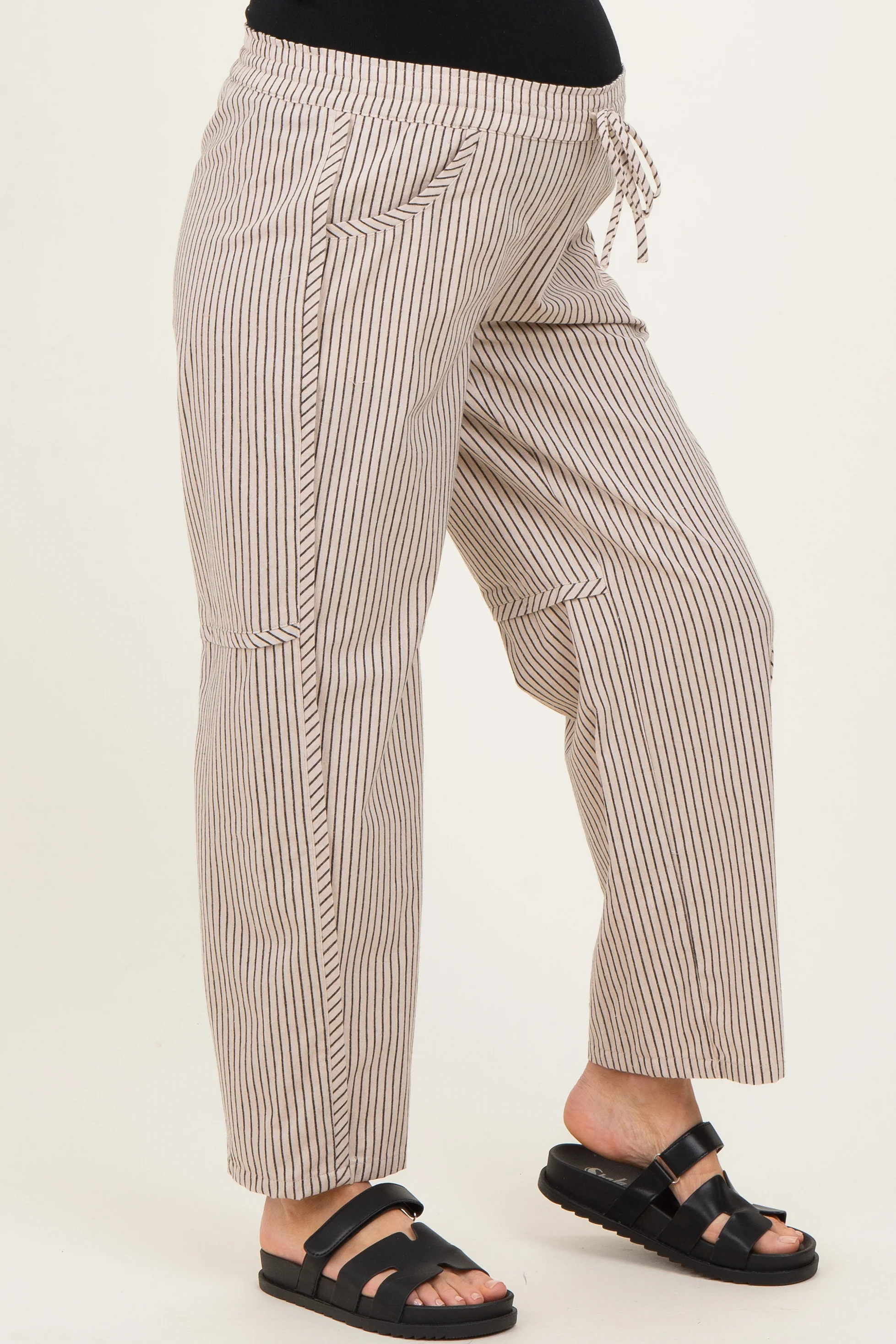 Beige Striped Barrel Maternity Pants - Image 3