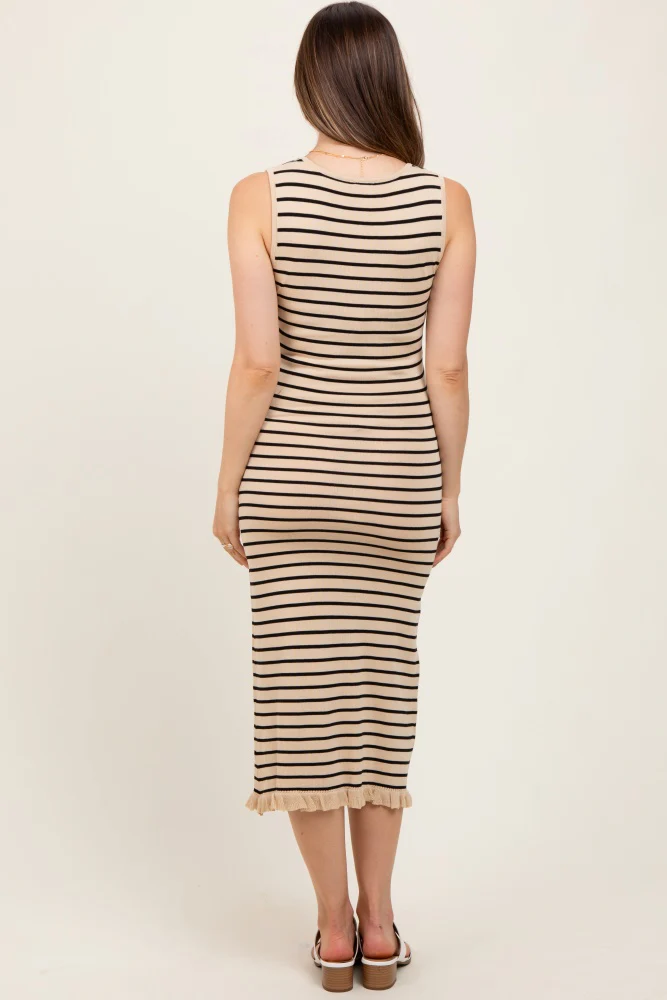 Beige Striped Knit Sleeveless Ruffle Hem Maternity Midi Dress - Image 4