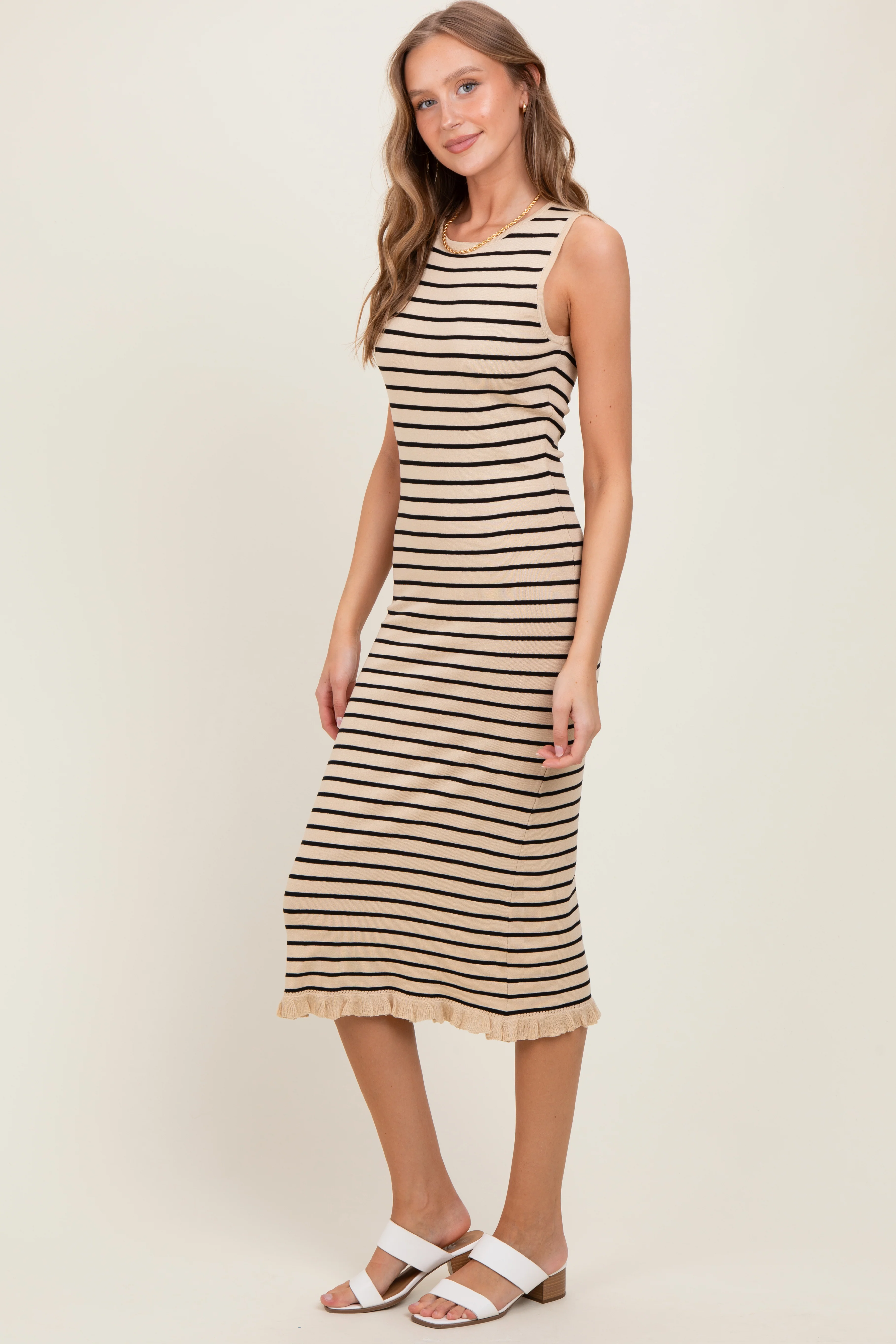 Beige Striped Knit Sleeveless Ruffle Hem Midi Dress - Image 3