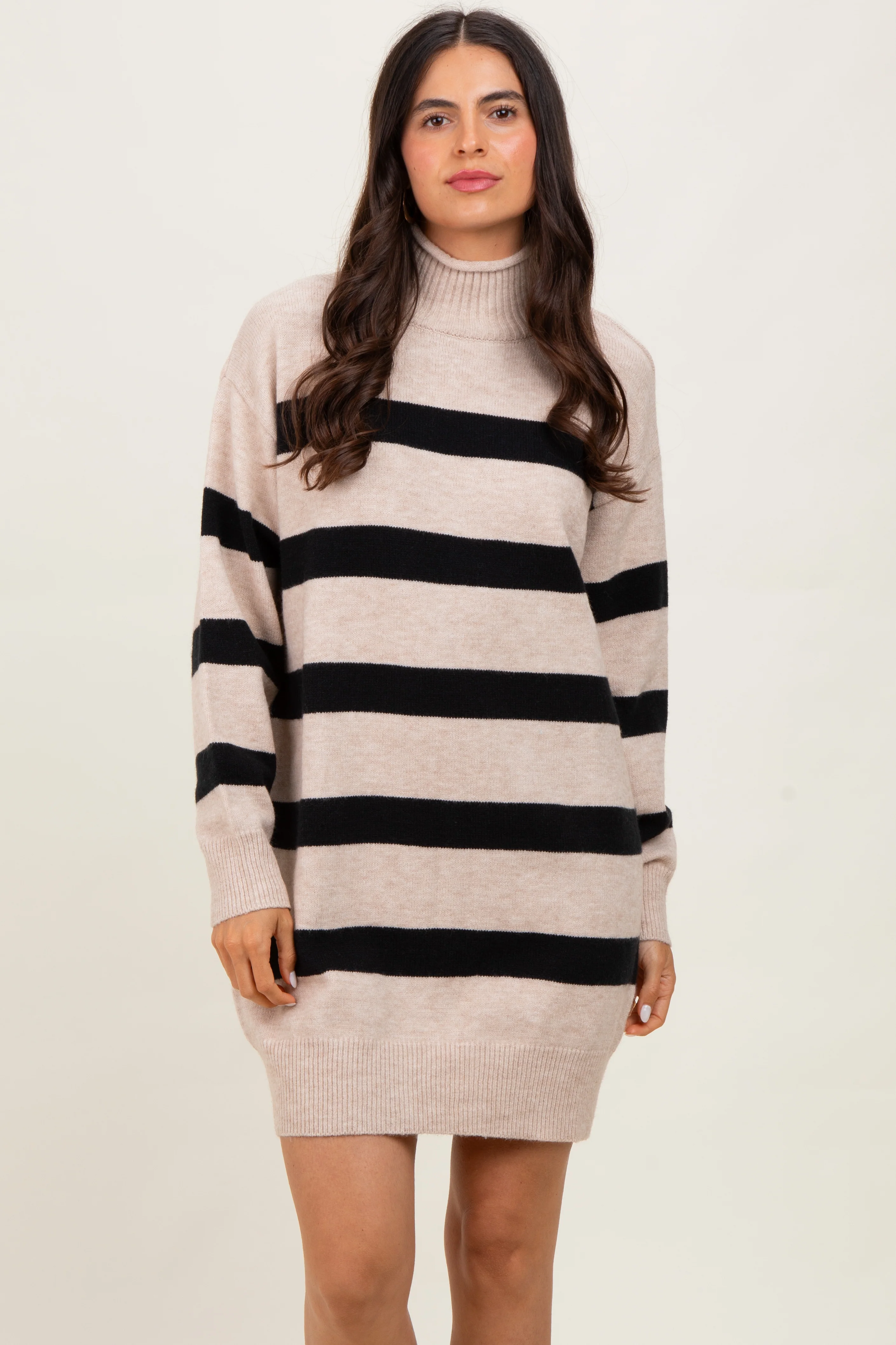 Beige Striped Knit Turtleneck Sweater Dress - Image 2