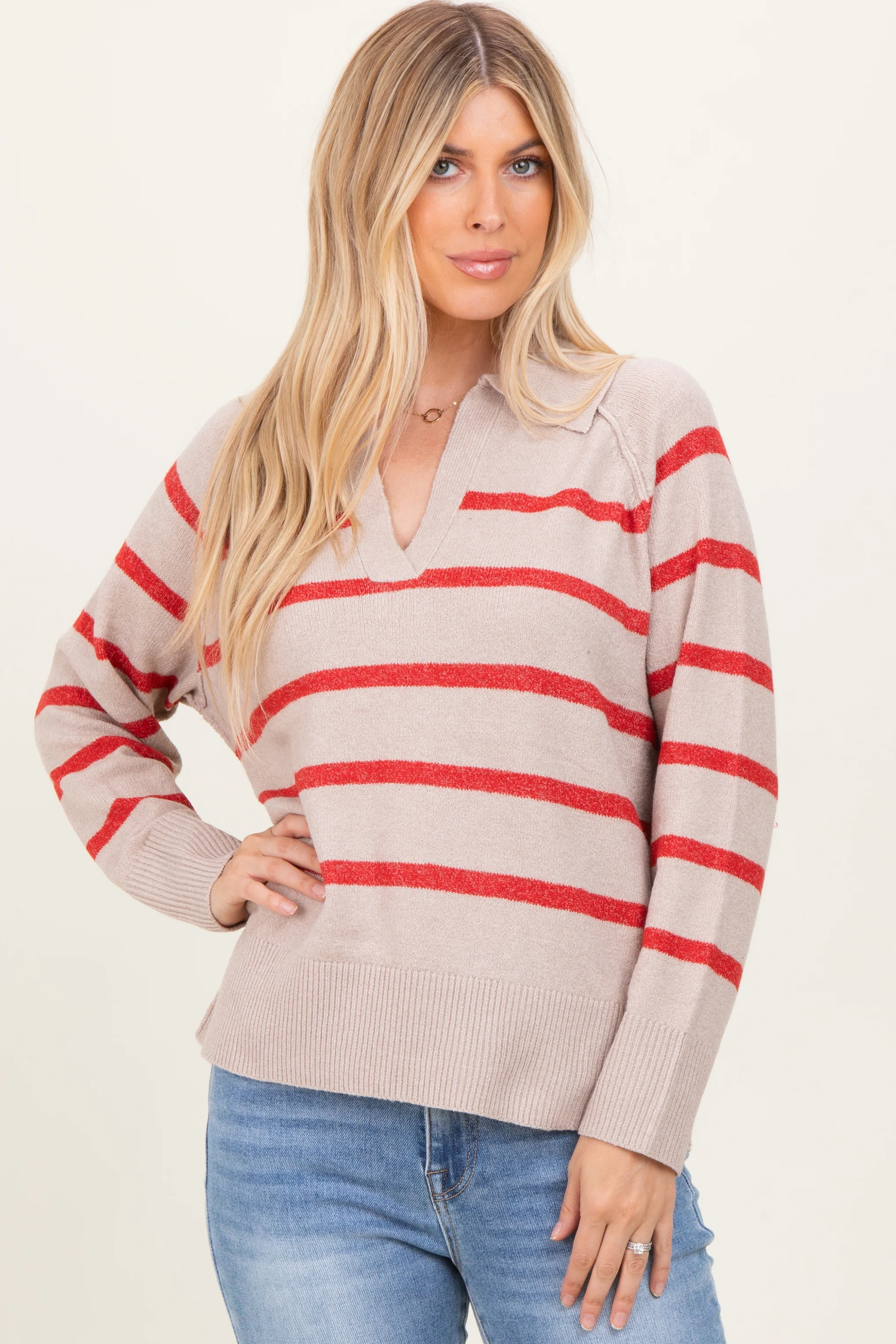 Beige Striped Oversized Polo Maternity Sweater - Image 5